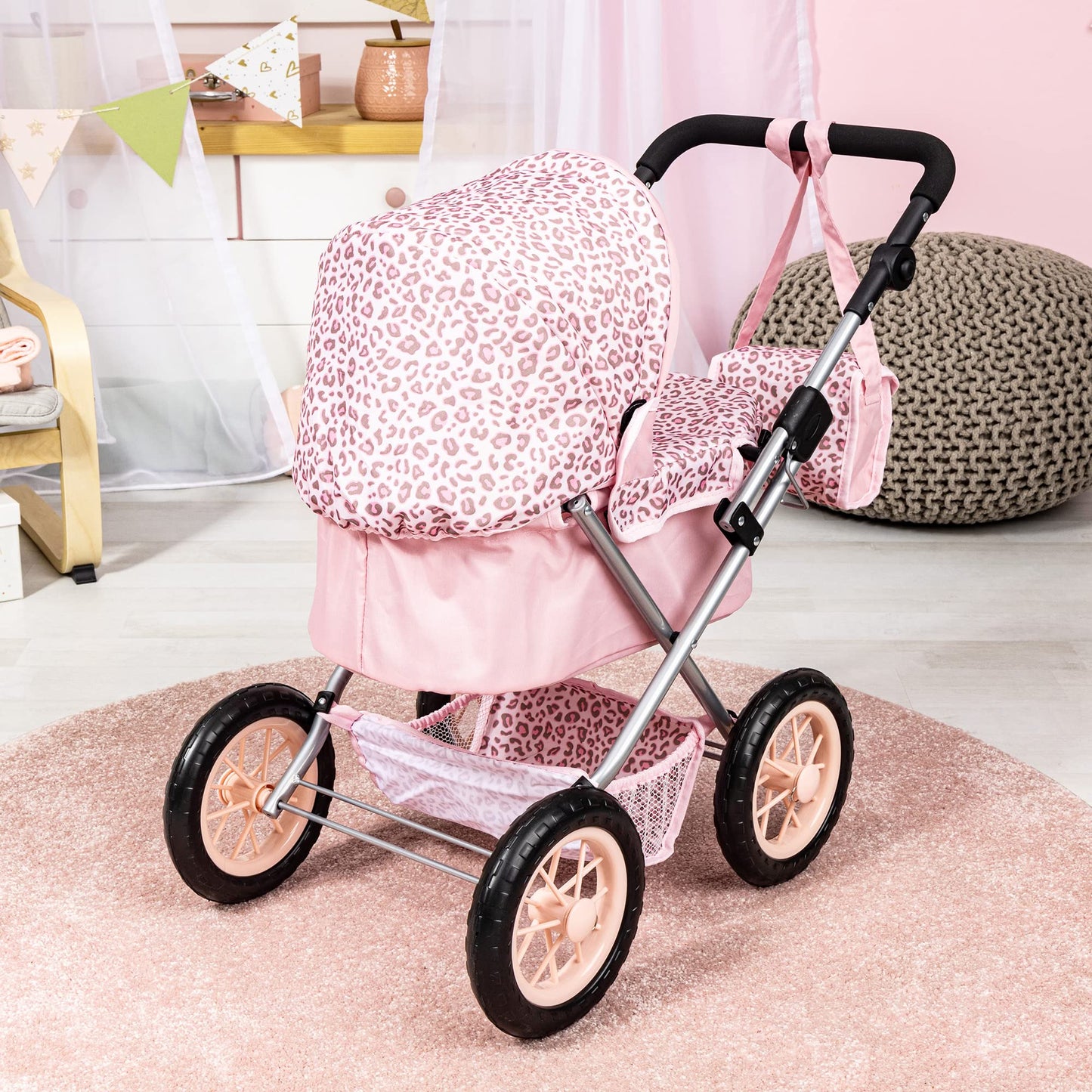 Bayer: Trendy Pram - Pink & Animal Print- Includes Shoulder Bag, Fits Dolls Up To 18, Adjustable Handle, Pretend Play, Shopping