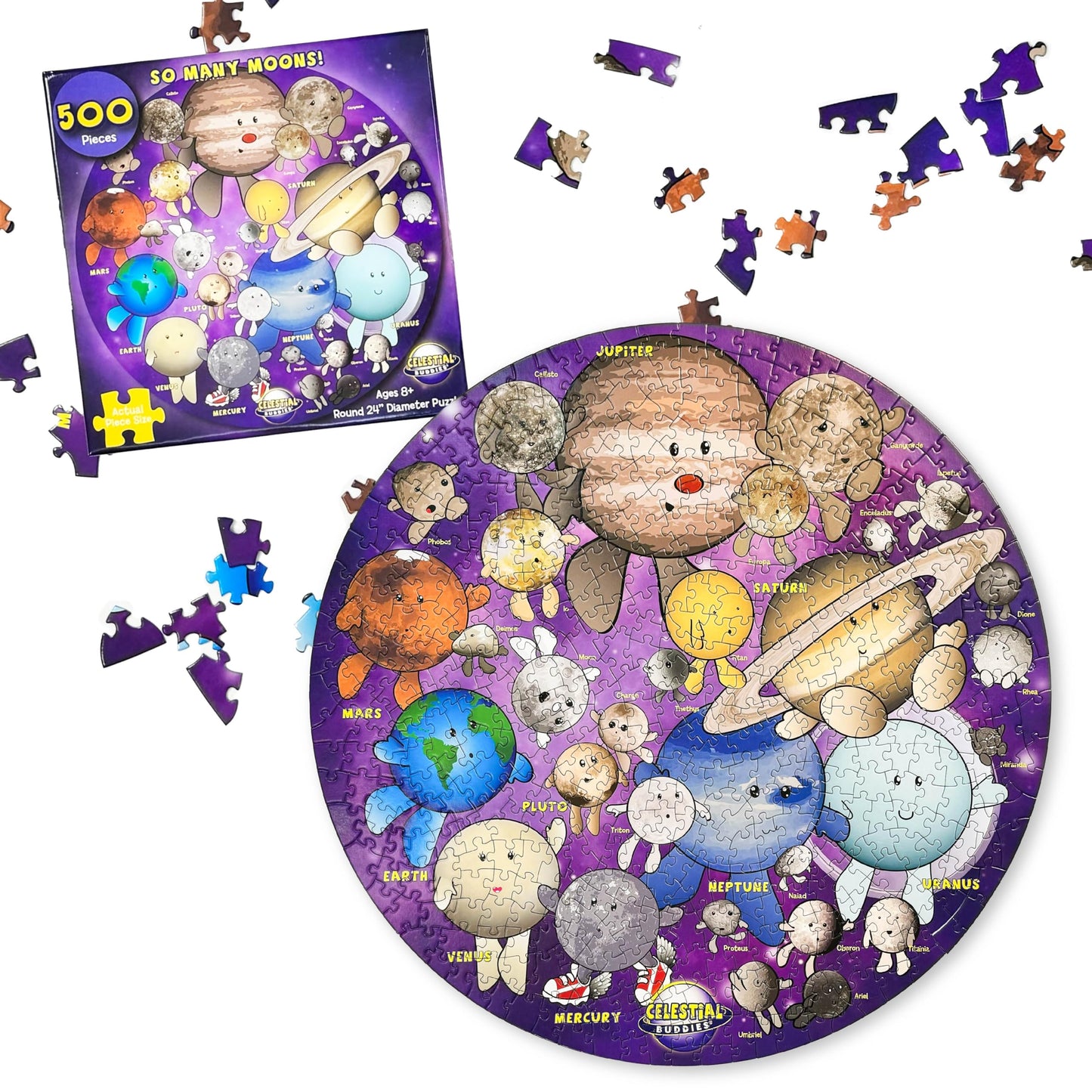 Celestial Buddies So Many Moons! 500 Piece Jigsaw Astronomy Space Puzzle and Poster for Ages 8+ | Educational 23 Moon Poster for