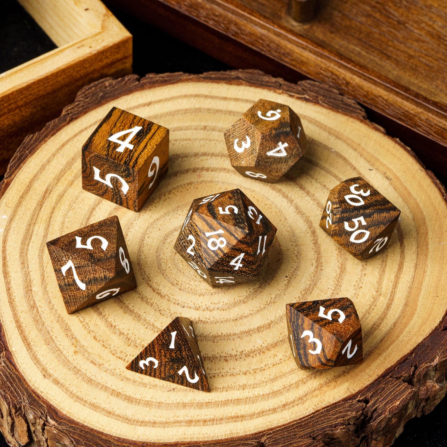 Hddais Wood Dnd Dice, 7Pcs Polyhedral Dice Set With Iron Box, Rpg D&D Dice Made With Wood For Dungeons And Dragons Role Playing