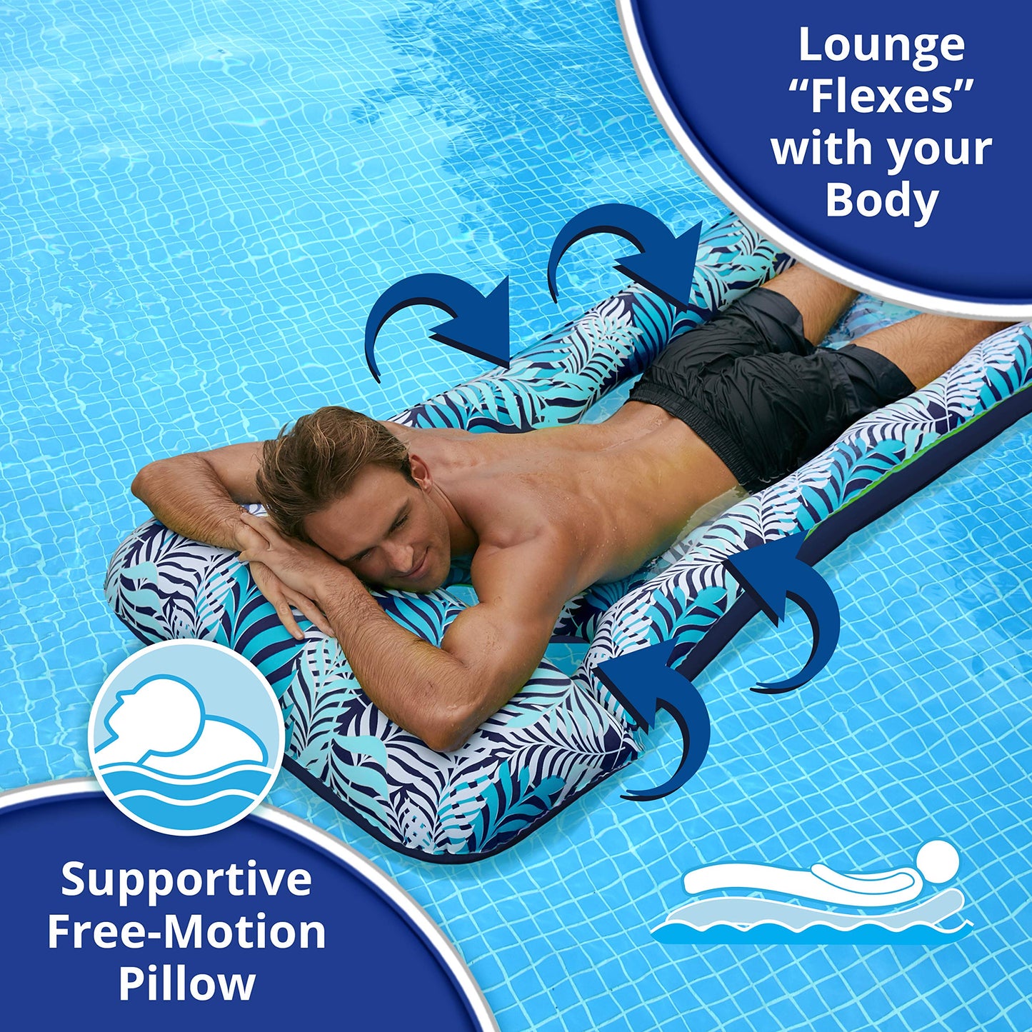 Aqua Contour Cooling Pool Float Lounge - 18-Pocket, Inflatable Pool Floats For Adults - Blue Ferns