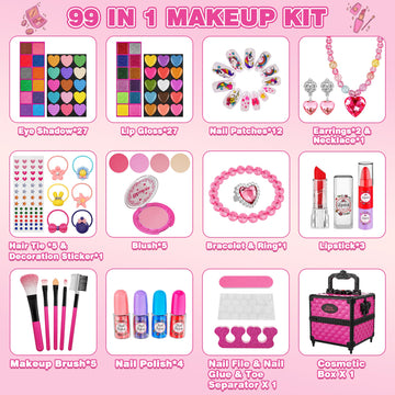 Kuovei 99 Pcs Kids Makeup Kit for Girls, Washable Cosmetics Set, Rose Red, Perfect for Ages 3-8 with Mirror, Hair Ties, Nails, and Jewelry