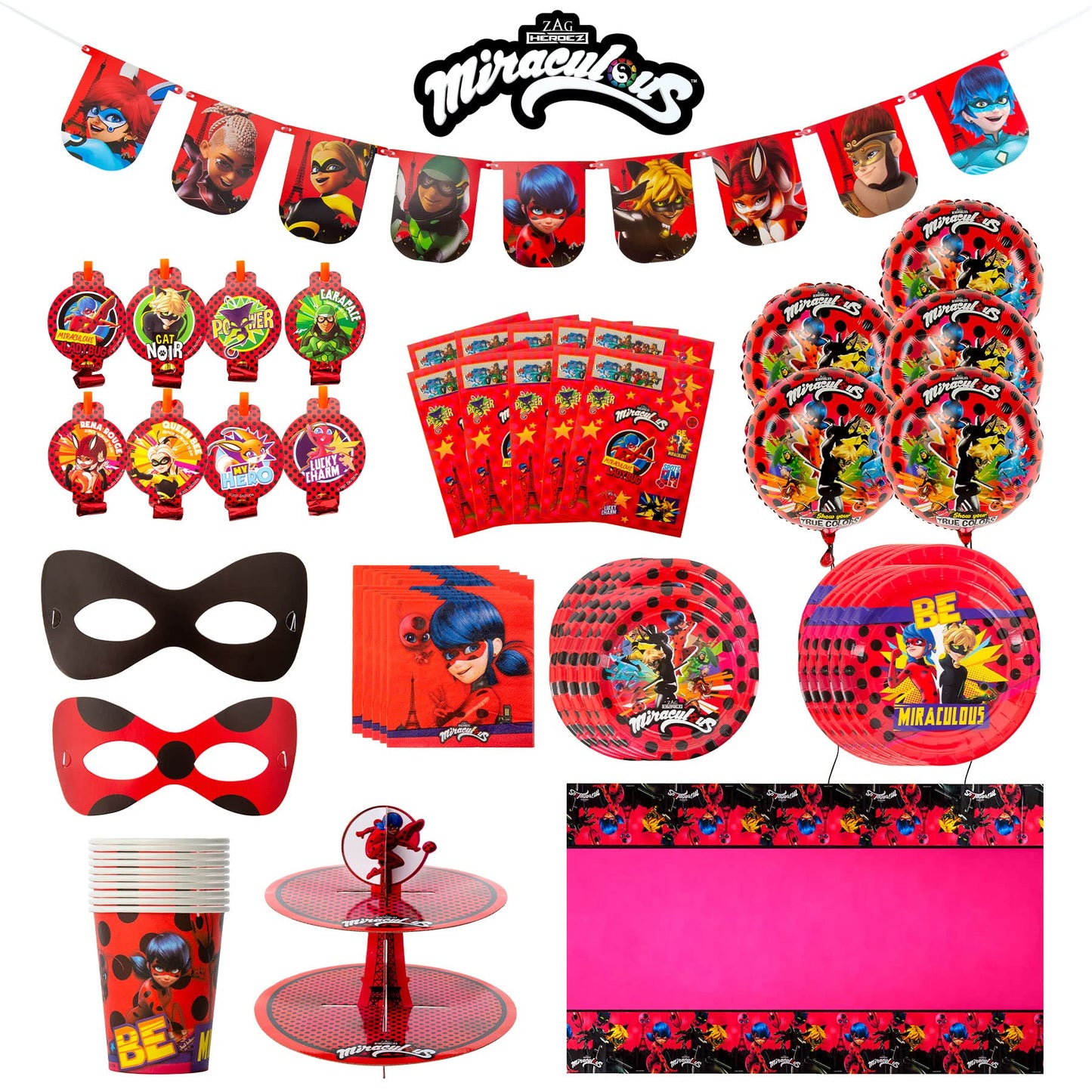 Miraculous Ladybug Party In A Box Kit - Celebration, Birthday Party, Toddlers– 100 Plus Pieces - Cat Noir - Party Supplies - Officially Licensed (Complete Kit)