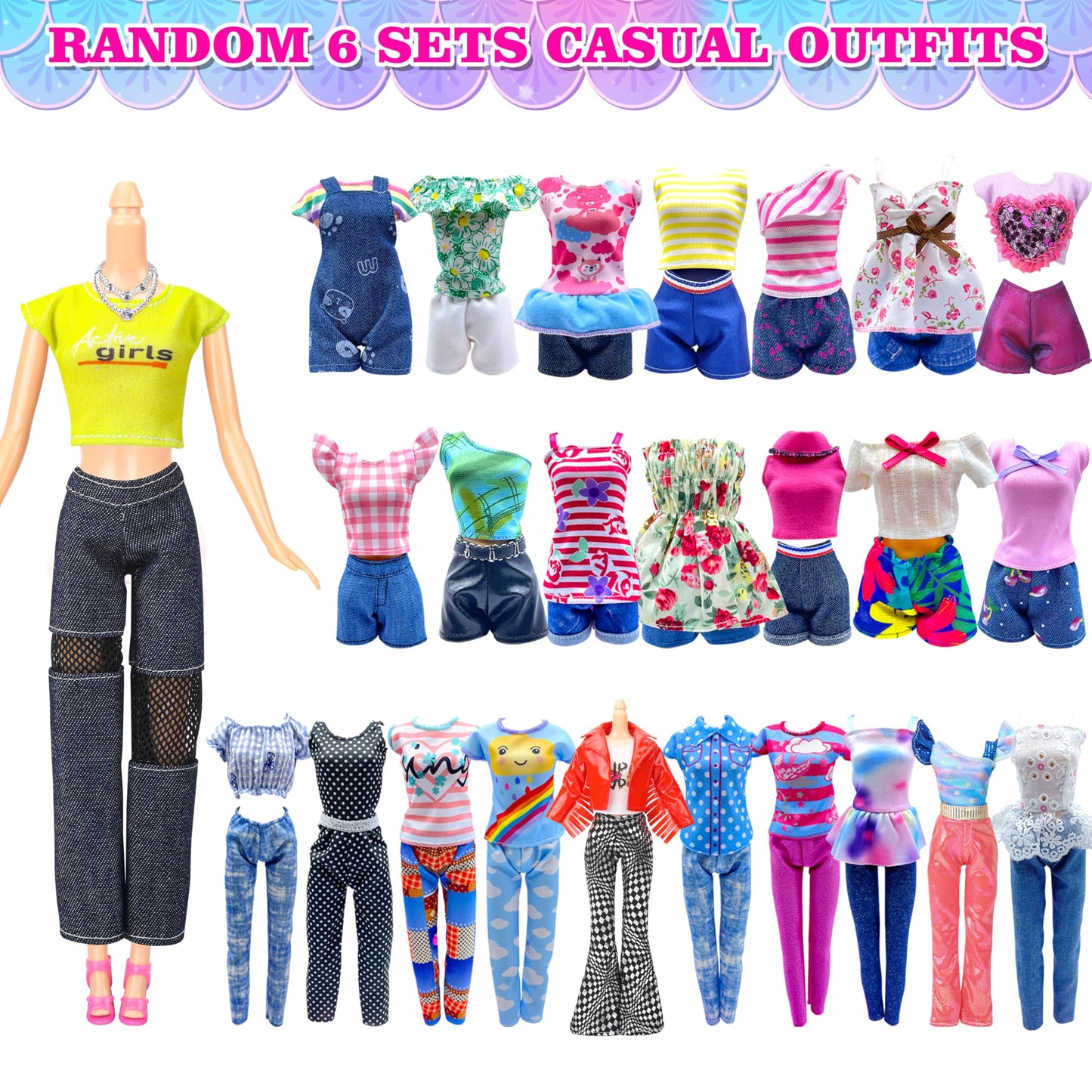 Style Shine 50 Pack Doll Clothes And Accessories, 4 Wedding Gowns 2 Evening Dresses 6 Fashion Dresses 6 Set Casual Outfits Top A