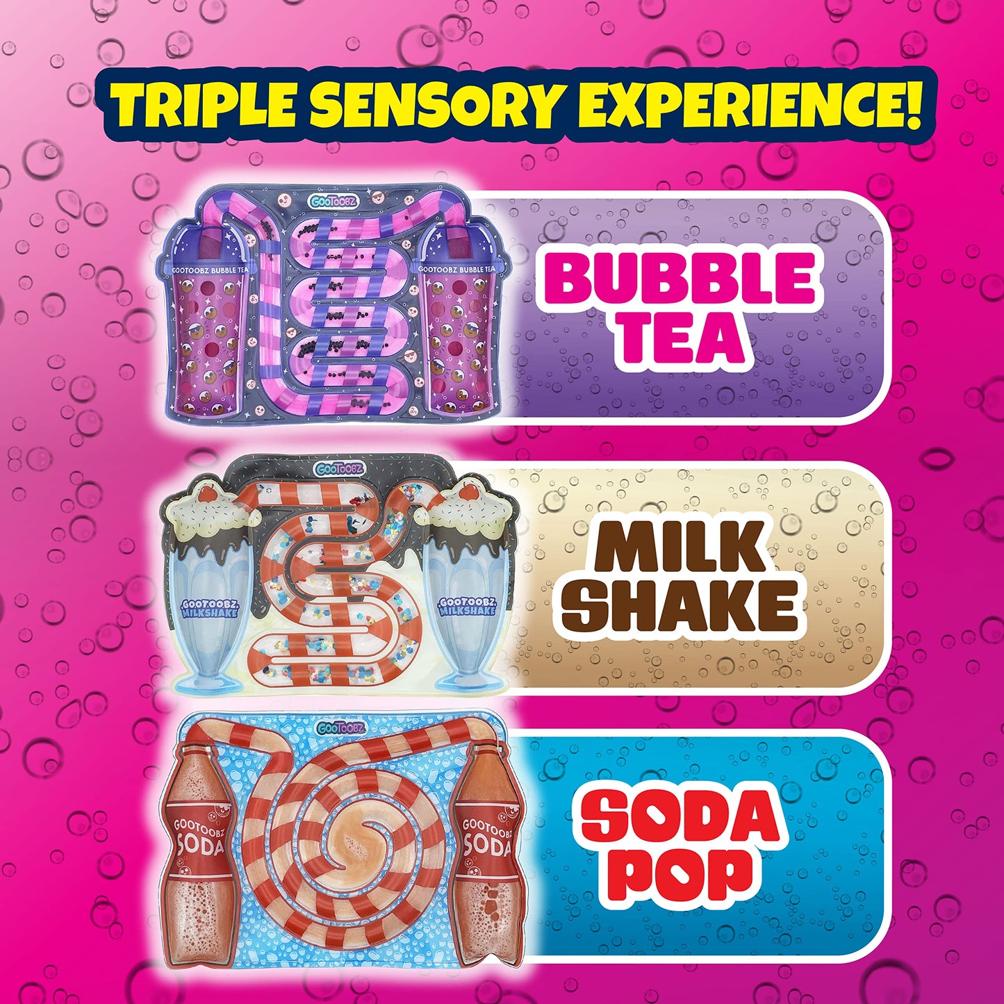 Sky Castle Gootoobz Sips, Squishy Sensory Tubes Filled With Colorful Water, Glitter And Beads, Non-Toxic, No-Mess, Squeezable Fidget, Stress & Anxiety Relief (Bubble Tea)