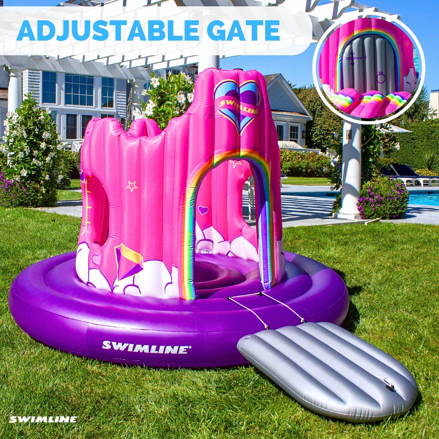Swimline Giant Inflatable Unicorn Castle Pool Float For Kids And Adults Size| Floating Kingdom Raft Lounger Combo With Gate Shield Windows & Accessories For Pools Lakes Beach | Fits Up To 4 People