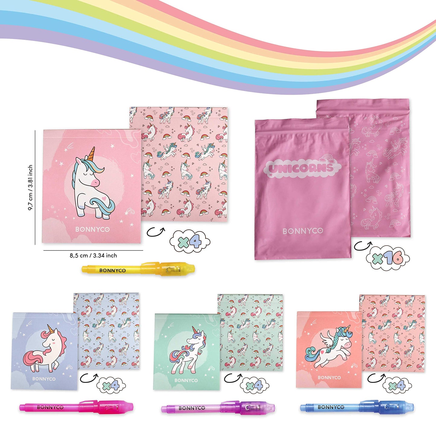 Bonnyco Invisible Ink Pen And Notebook Pack Of 16 Unicorn Party Favors For Kids | Spy Pen Unicorn Birthday Party Supplies, Prizes For Kids | Magic Pen Prizes For Students