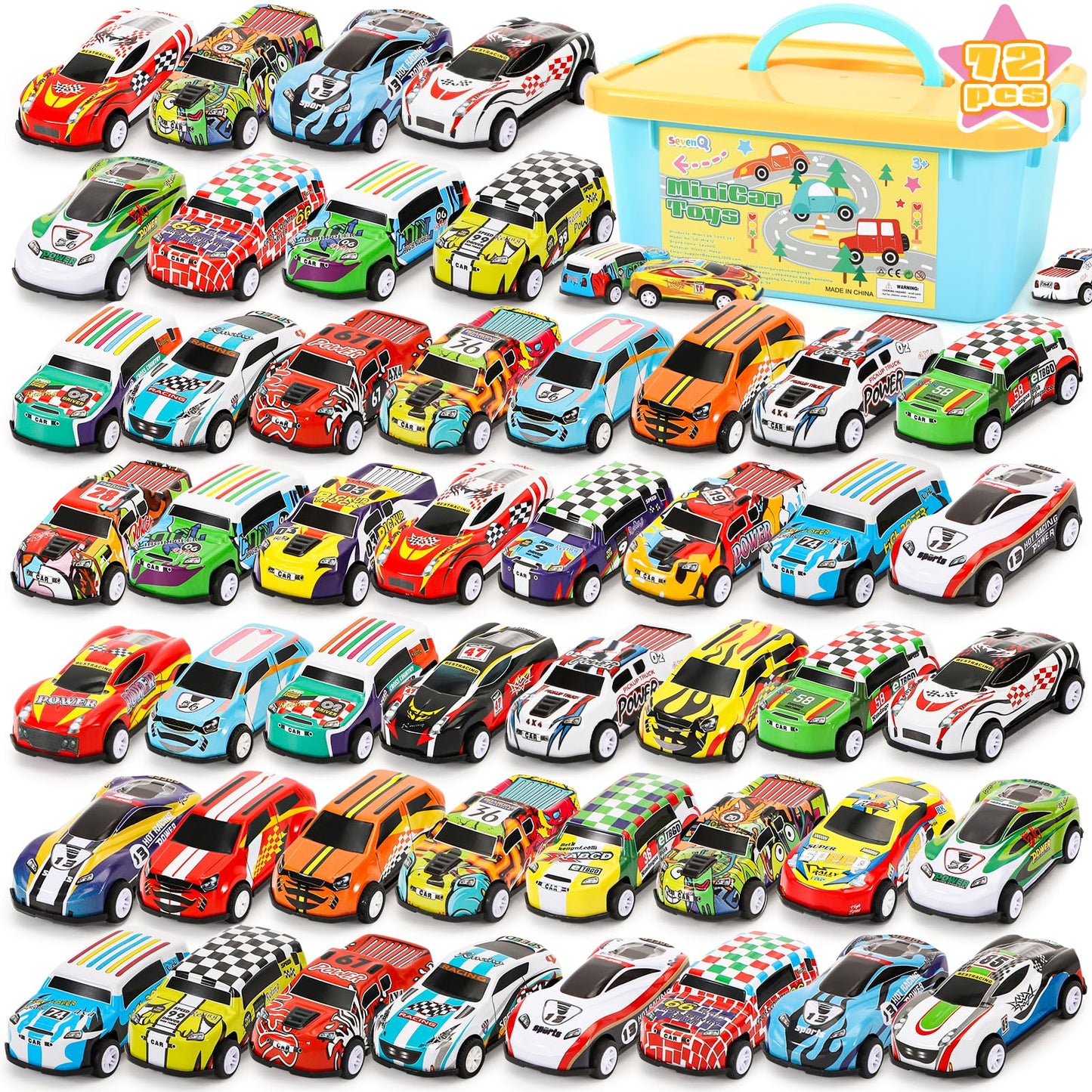 SevenQ Toy Cars Party Favors for Kids, 72Pcs Pull Back Cars Playsets with Storage Box, Mini Toys Race Cars for Kids Goodie Bags