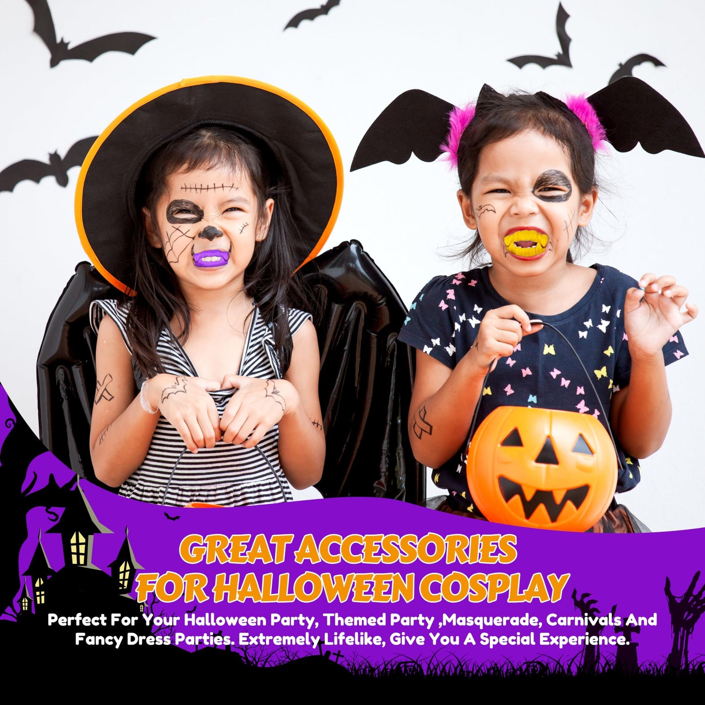 Seifar 54 Pcs Halloween Teeth Vampire Fangs For Halloween Dress-Up, Costume, Party Decoration, Goodie Bag Filler (Black, Purple,