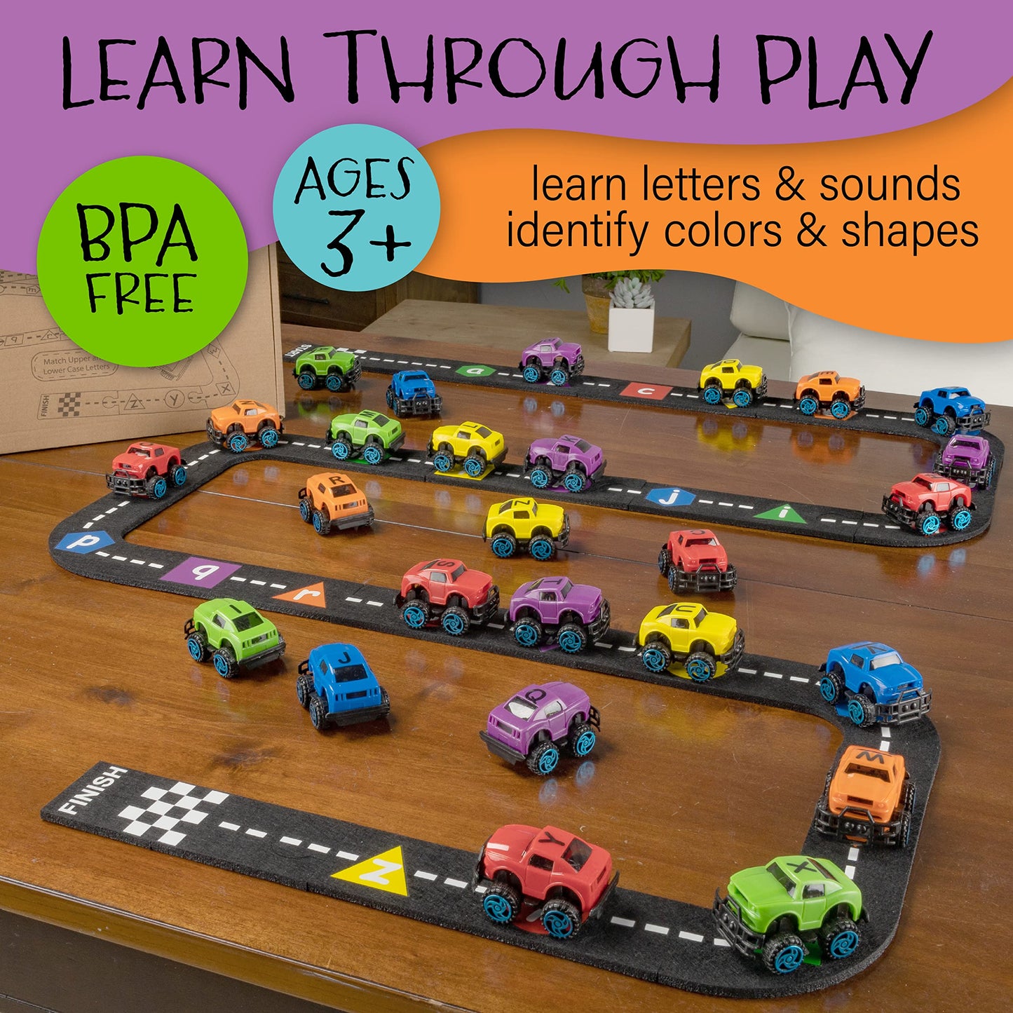 Skoolzy 36-Piece Alphabet Cars - Alphabet Learning Toys With Felt Track Set For Abc Recognition - Ideal Manipulatives For Preschoolers, 3 Year Old Boy Gift, And Toys For 2 Year Old Boys