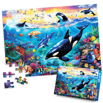 100 Piece Puzzles For Kids Ages 6-8 8-10 - Killer Whales Orca - 100 Piece Jigsaw Puzzle For Senior Ocean Jigsaw Puzzle For Toddl