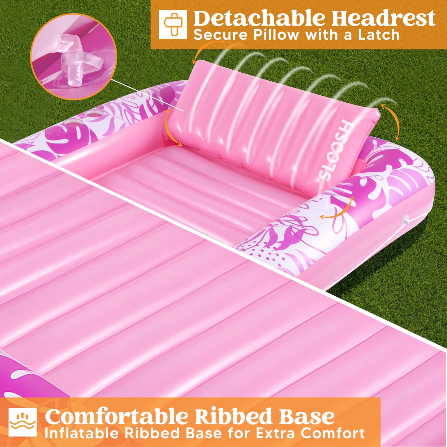 Sloosh Inflatable Tanning Pool Lounger Float, 70' X 46' Pool Floats Adult With Pillow, 4 In 1 Suntan Tub Raft Floatie,Sunbathing Bed Lounge For Water Blow Up Kids Ball Pit Party Gifts, L-Hot Pink