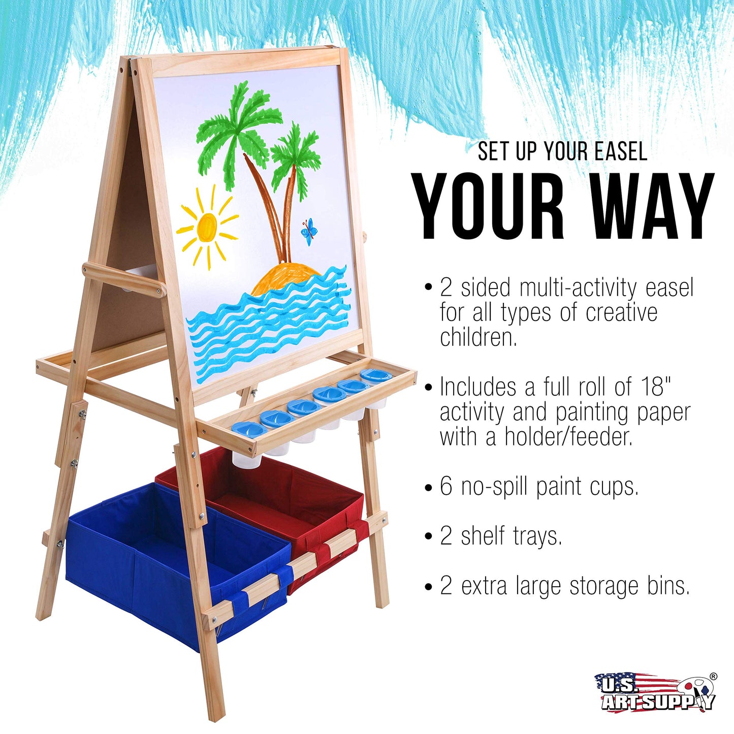 Us Art Supply Cardiff Children'S Art Activity Easel With Easel Paper Roll, 2 Large Storage Bins And Now 6 No-Spill Child'S Paint