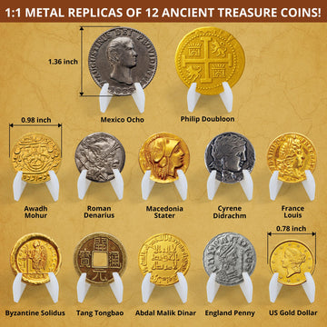 PIBEX Pirate Treasure Coins Dig Kit – 16+ Ancient Metal Replicas, Golden Charms, STEM Toy for Kids, 2.87 x 8.03 x 11.02 inches