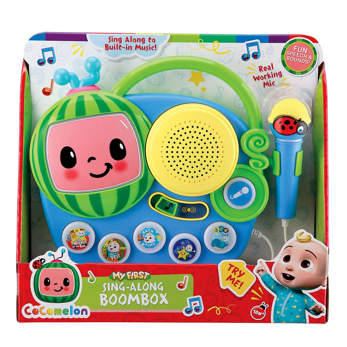 Ekids Cocomelon Toy Singalong Boombox With Microphone For Toddlers And Young Children, Built-In Music And Flashing Lights, For Fans Of Cocomelon Toys And Gifts