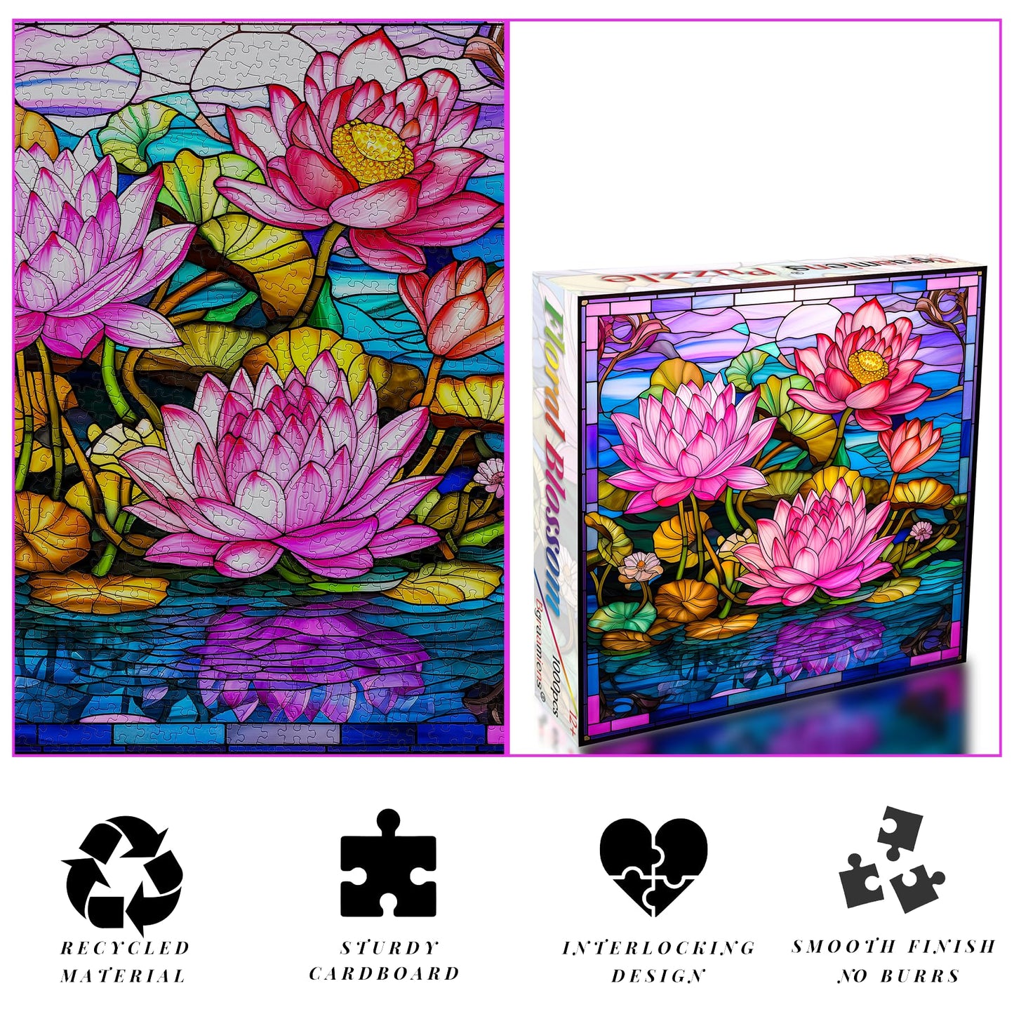 Bgraamiens Puzzle- Stained Glass Flower Puzzles For Adults 1000 Pieces, Art Puzzles,Impossible Hard Challenging Puzzles For Adults, Colorful Stained Glass Jigsaw Puzzle(Floral Blossom)