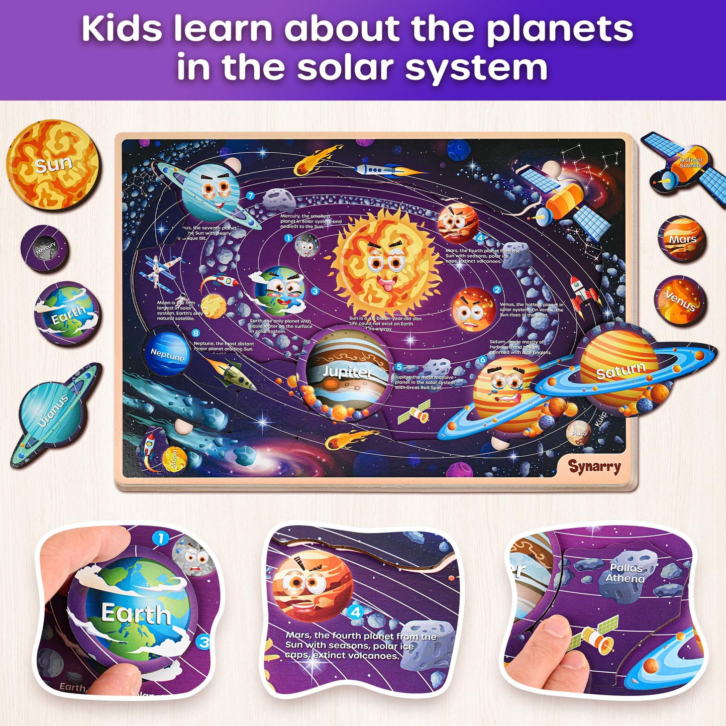 Synarry Large Usa World Solar System Wooden Puzzles For Kids Ages 4-6, Wood Jigsaw Puzzles Educational Games Toys Gifts For Toddlers, Learning United States World Space Maps For Boys Girls Ages 3-8