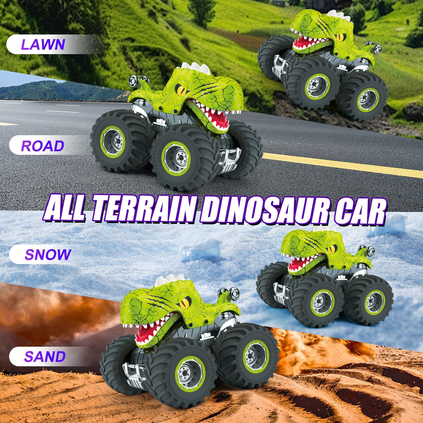 Dinosaur Remote Control Car for Kids, 2.4GHz 360 Rotating RC Monster Truck Toys for Boys Girls Age 4-7 with Spray, Light & Sound