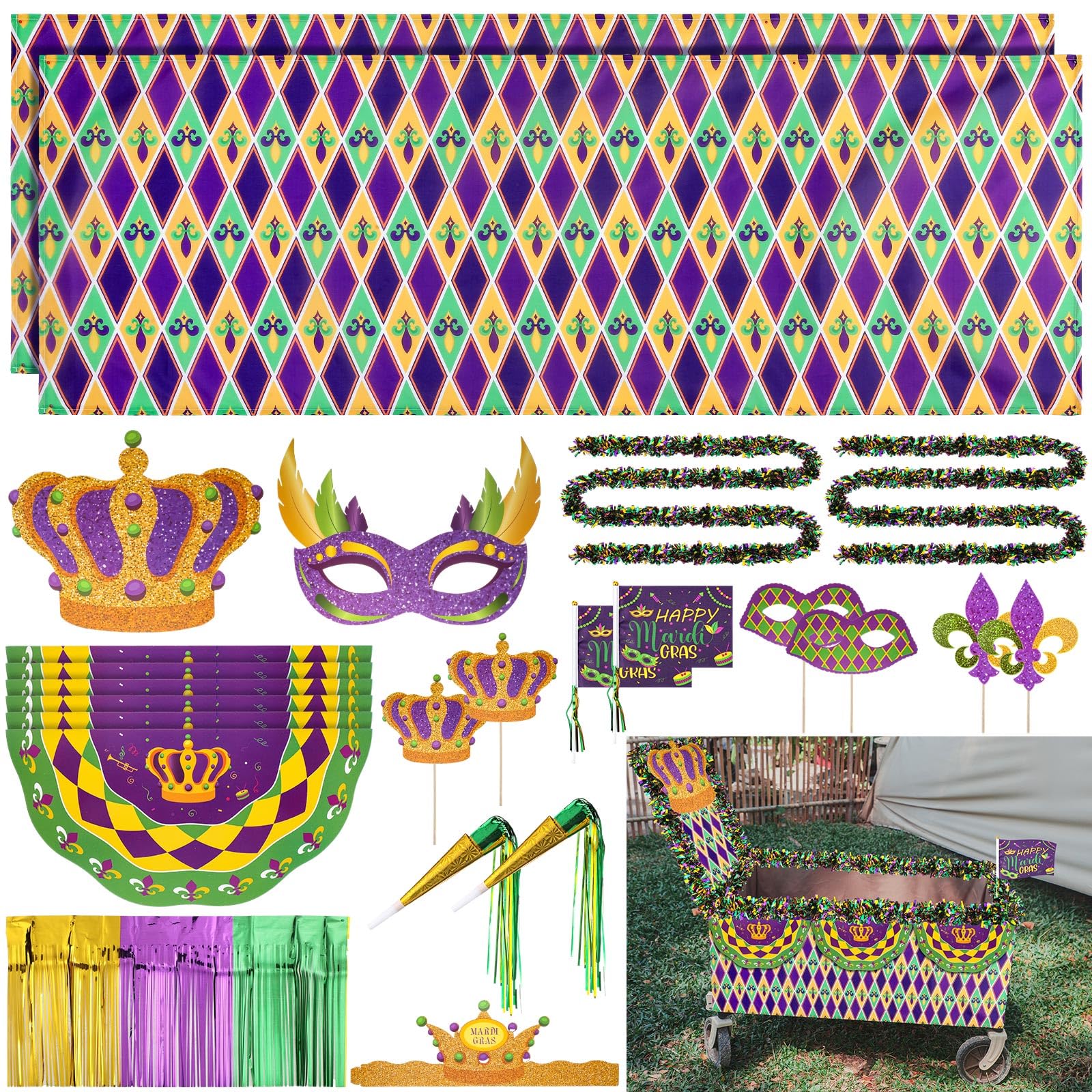 Saypacck 24 Pcs Mardi Gras Wagon Parade Float Decoration Kits Utility Folding Wagon Cart Carnival Decor Gold Green Purple Foil F