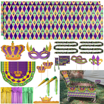 Saypacck 24 Pcs Mardi Gras Wagon Parade Float Decoration Kits Utility Folding Wagon Cart Carnival Decor Gold Green Purple Foil F