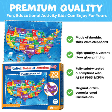 United States Puzzles For Kids Ages 4-6 - Educational Toys For Boys & Girls - 70Pcs Usa Map Kids Puzzle With 50 States & Capitals - Christmas Gifts For Kids - Floor Jigsaw Puzzles