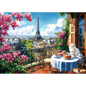 1000 Piece Puzzles For Adults Clearance, Paris Springtime Tea & Cat Scene Puzzle For Adults, Impossible Challenge Art Jigsaw Puz