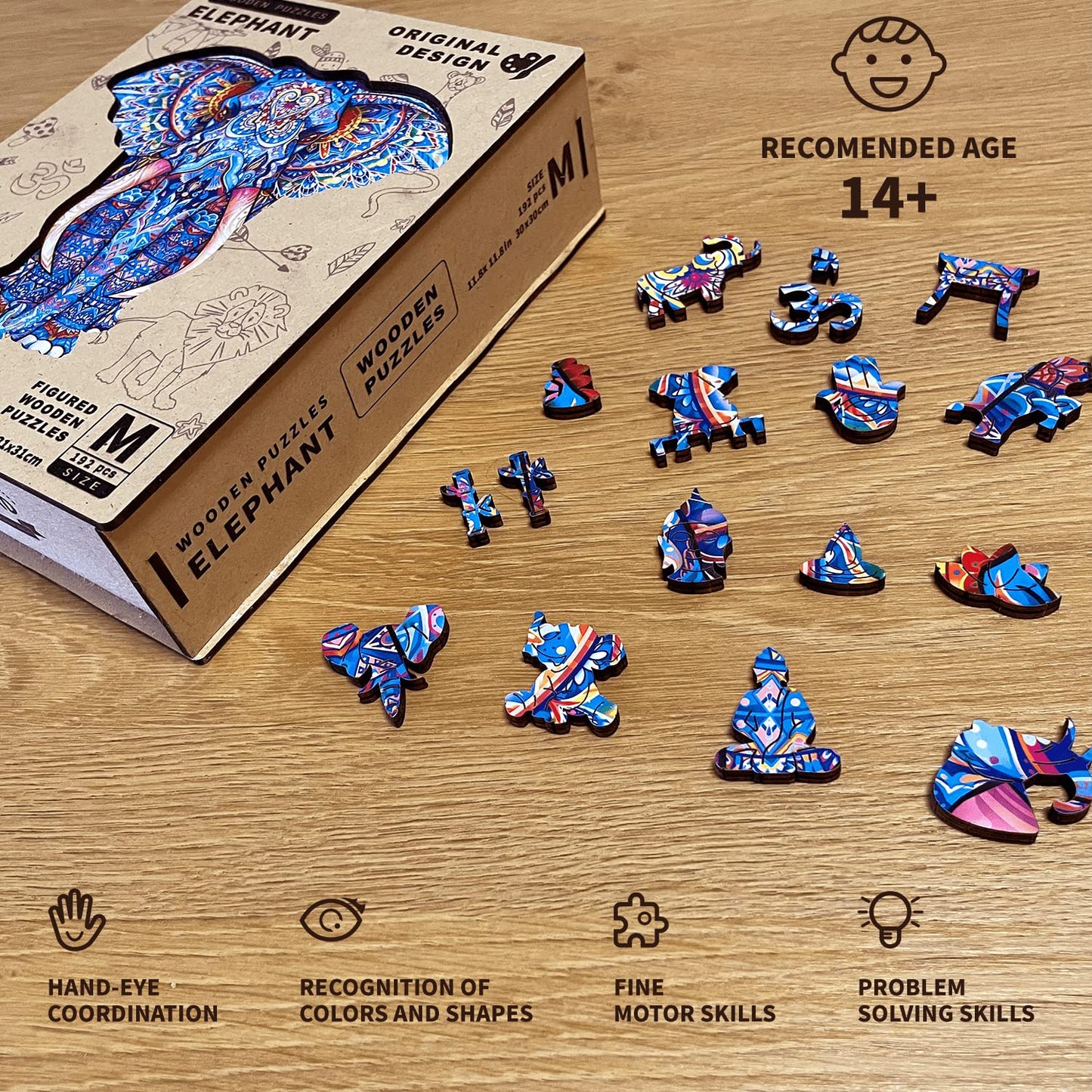 Claord 2.1 Elephant Wooden Jigsaw Puzzles For Adults, 12.2 X 12.2 Inches And 192Pcs With 12 Uniquely-Shaped Pieces, Colorful Unique Shape Animal Wooden Puzzle, Best Gift For Adults And Kids…
