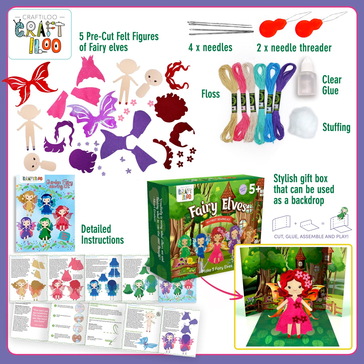Craftiloo Fairy Elves Sewing Kit For Kids, Fun And Educational Fairytale Craft Set For Boys And Girls Age 7-12, Sew Your Own Fel