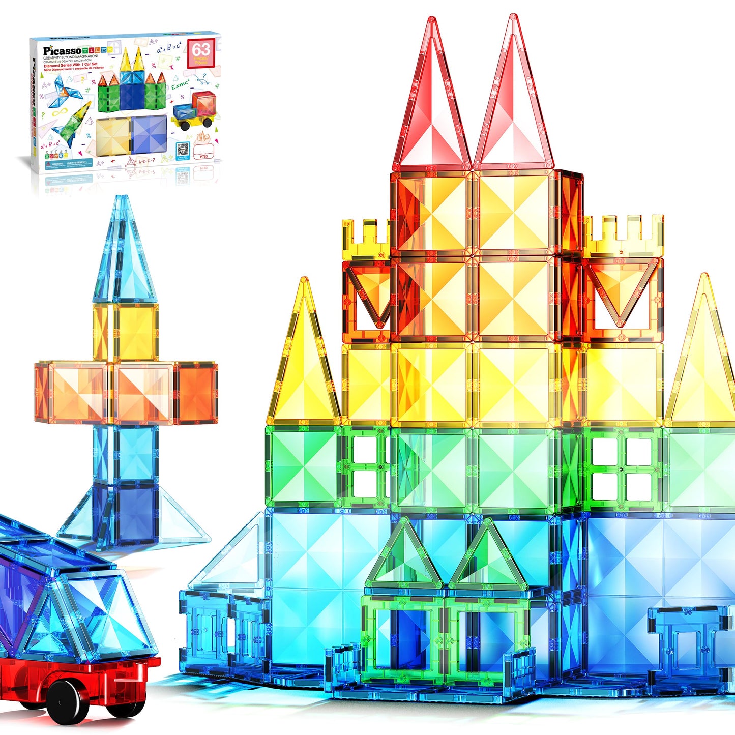 Picassotiles 63 Piece Magnetic Building Block Construction Toy Set Diamond Magnet Tile Blocks With Car Truck Stem Learning Kit E