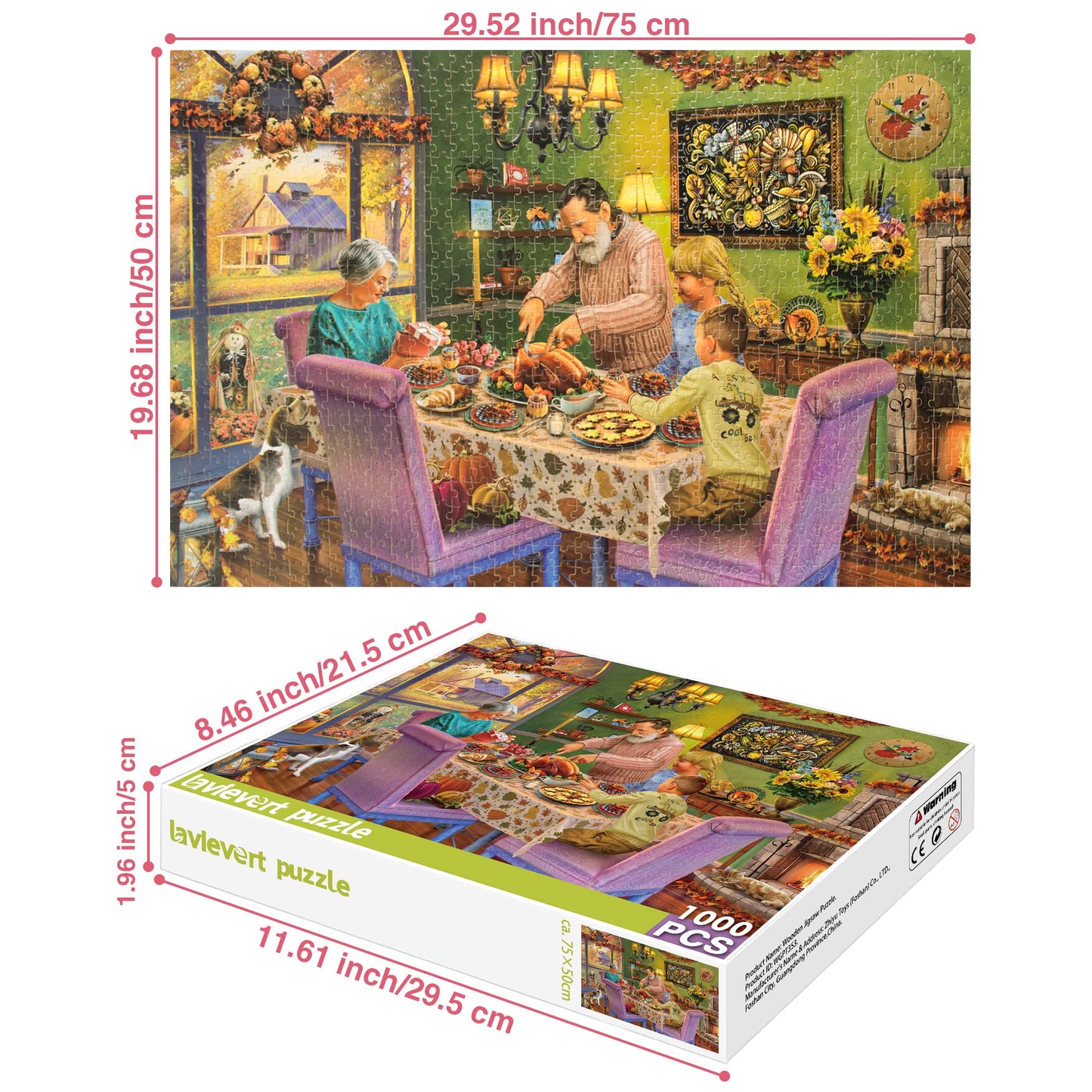 Lavievert Wooden Jigsaw Puzzle 1000 Piece Puzzle For Adults And Kids - Thanksgiving Dinner, Turkey, Pumpkin Pie