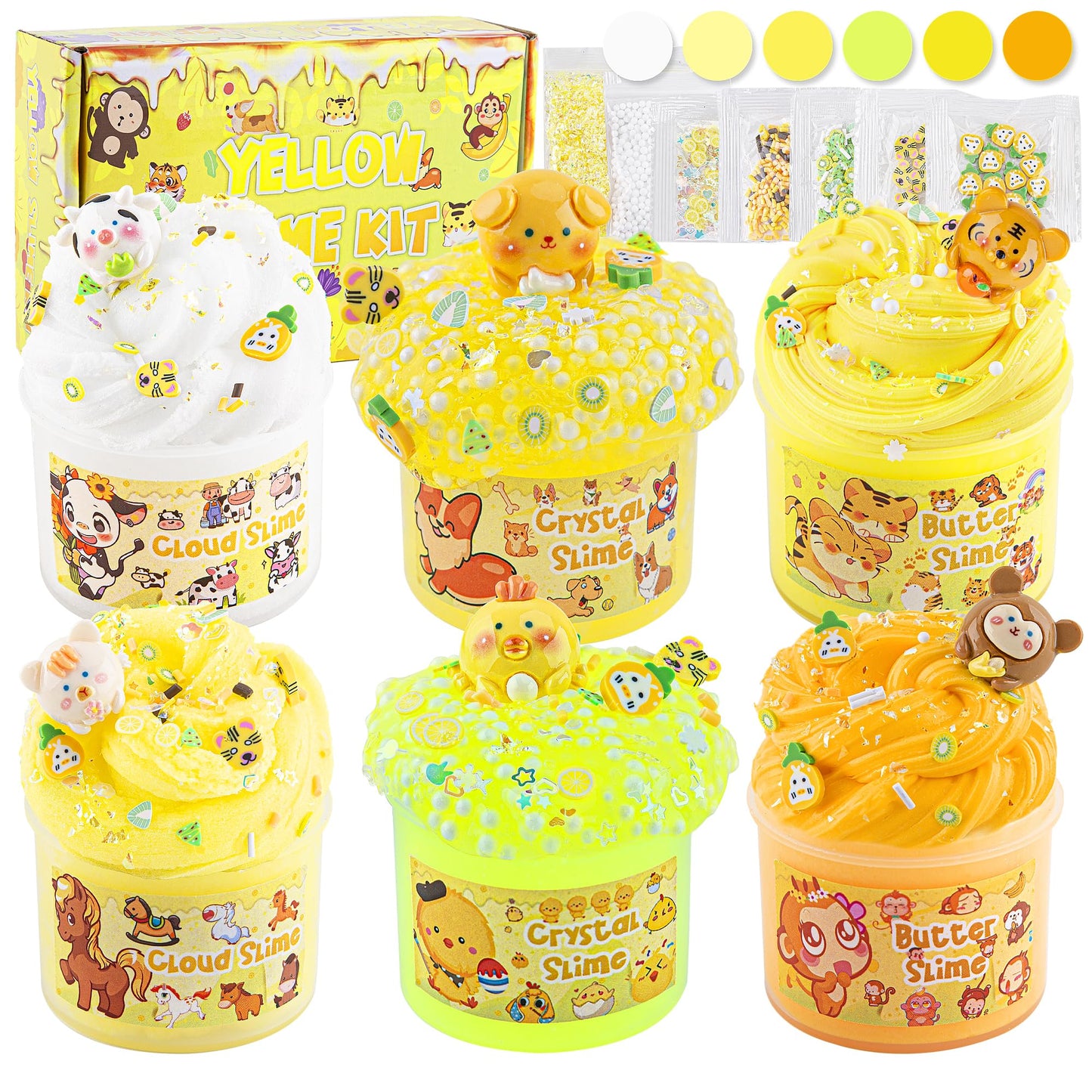6 Packs Gradient Yellow Slime Kit - Cloud Slime, Butter Slime & Clear Slime, Crunchy Slime For Kids With Various Slime Add-Ins, Non Stick Slime Party Favors For Girls & Boys, 360Ml Kids Slime(Animal)