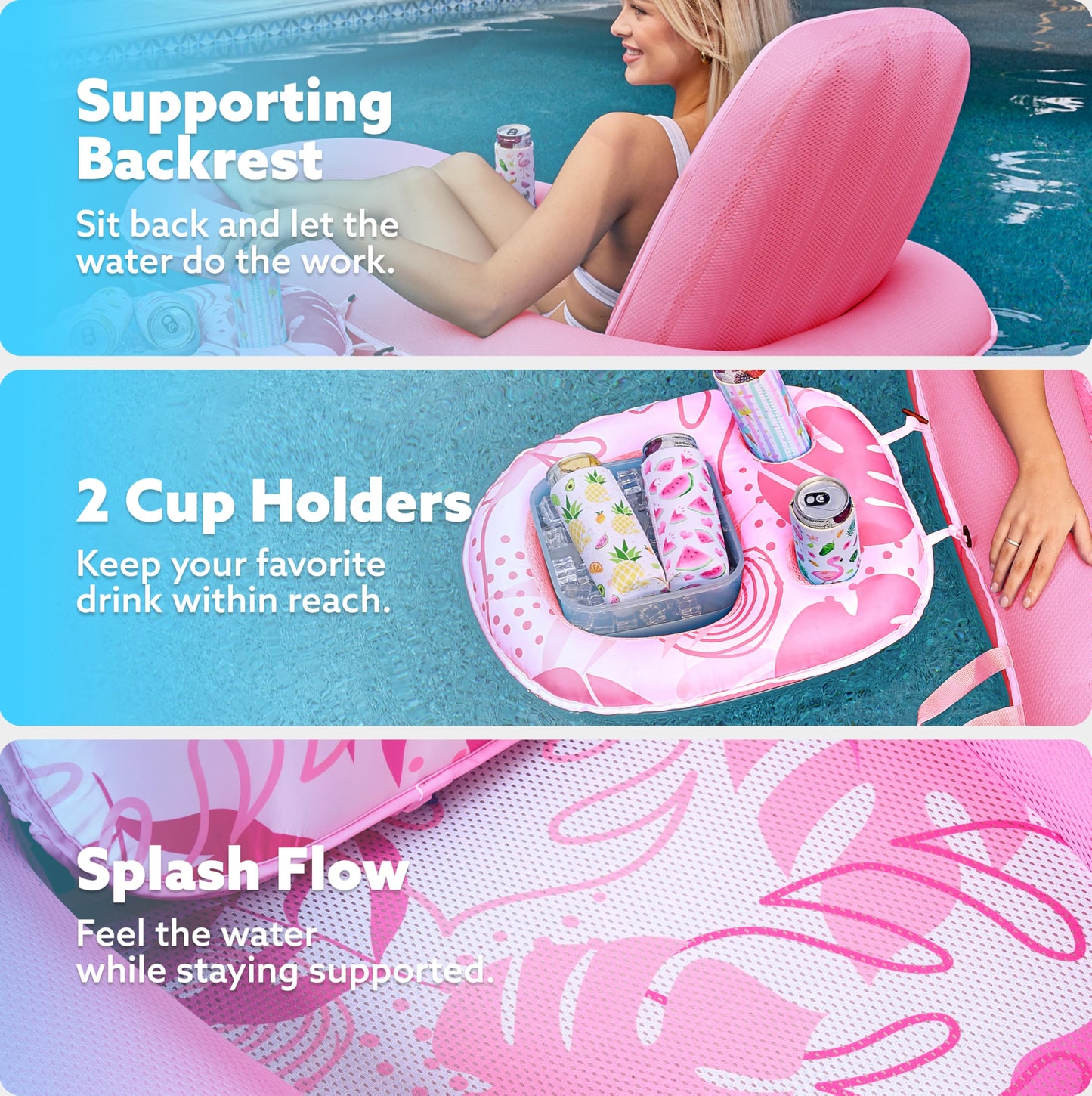 SLOOSH Pool Floats Lounger mature-themed Fabric Pool Floaties Lounge Convertible 2-in-1 Floating Water Floaty with Cup Holders Adjustable Backrest Recliner for Pool Party (Pink)