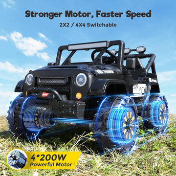 Funtok 24V Ride On Truck For Big Kids, 2 Seater Electric Car W/Remote Control, 4Wd/2Wd Switchable, 4X200W Motor, Truck Bed Stora