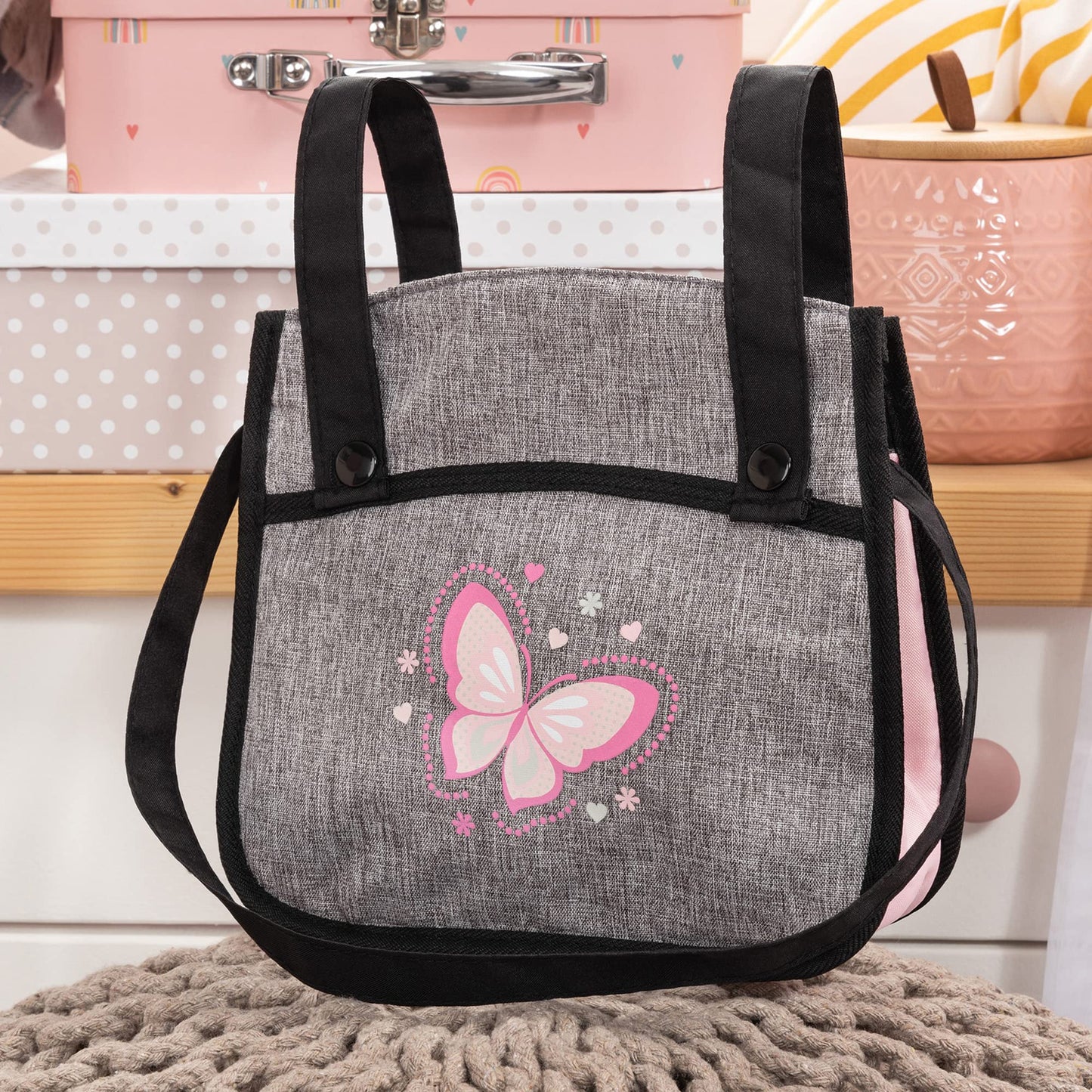 Bayer Design Dolls: Xeo Twin Pram - Butterfly Grey & Pink - Matching Handbag, Adjustable Handle, For Dolls Up To 20''