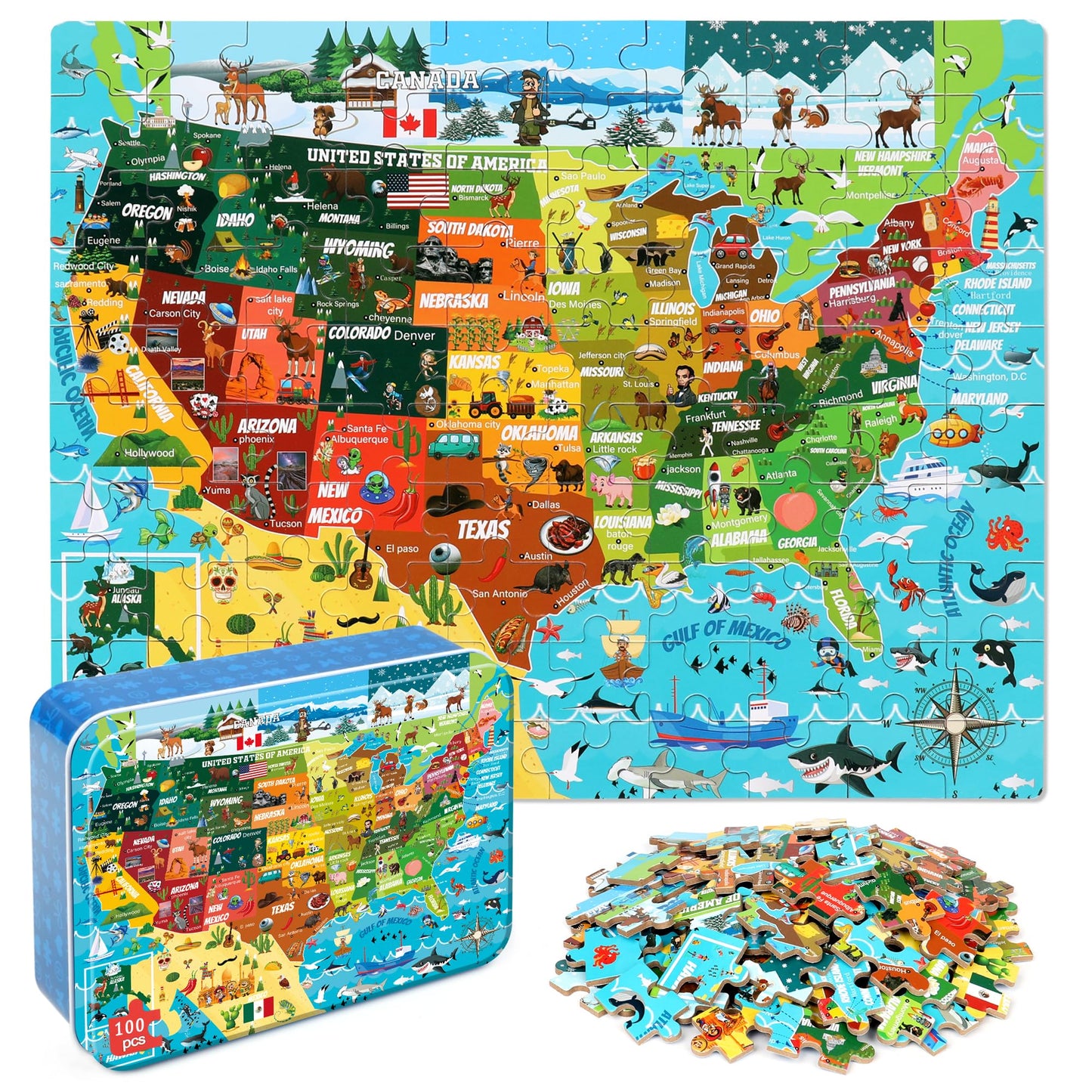 Lelemon Usa Map Jigsaw Puzzles In A Metal Box 100 Pieces Usa Map Jigsaw Puzzle For Kids Ages 4-8 Children Learning Educational P