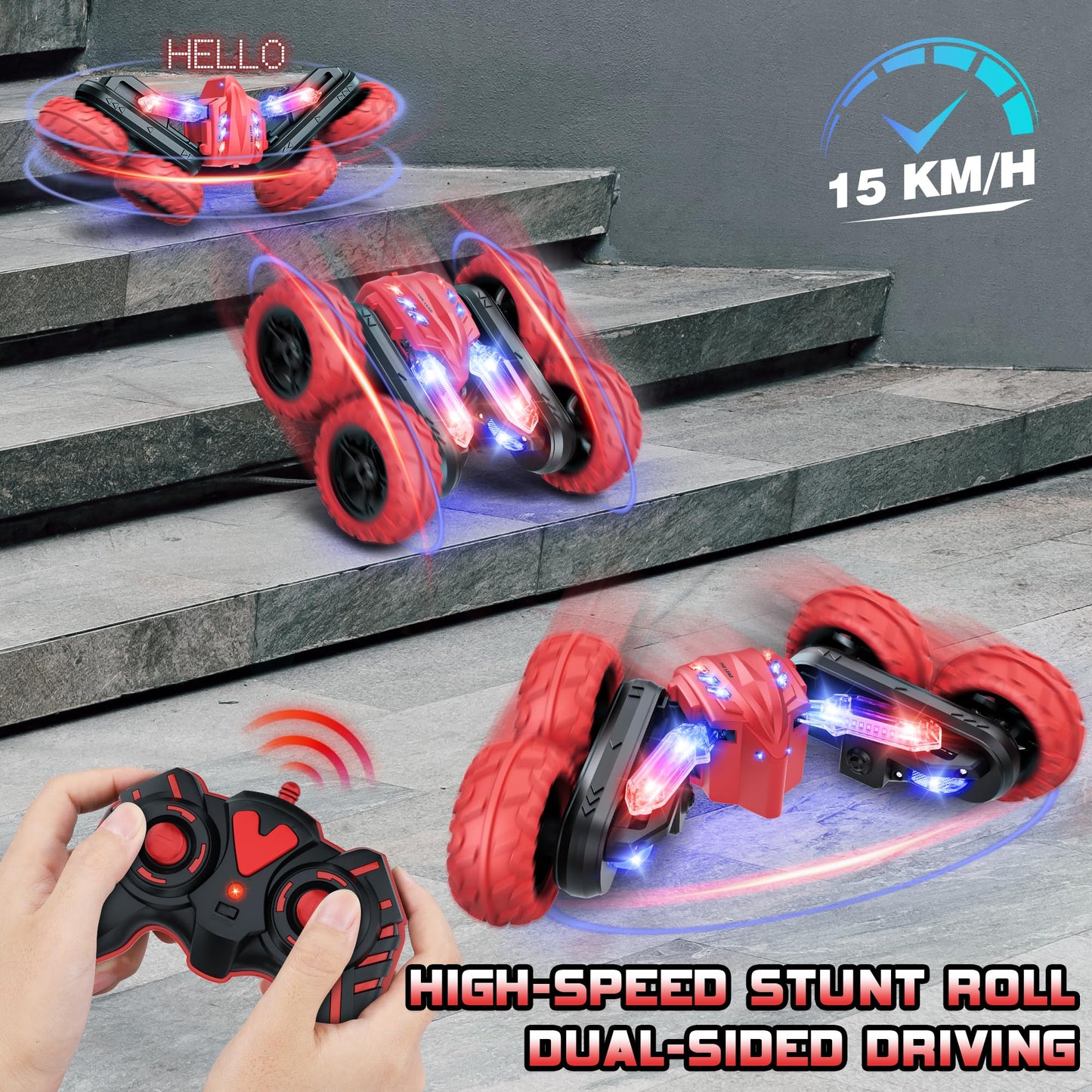 Remote Control Car, RC Stunt Cars with Double Sided 360-degree Flips Rotating Car Kids Toy, 2.4Ghz Rechargeable LED Light Up Let