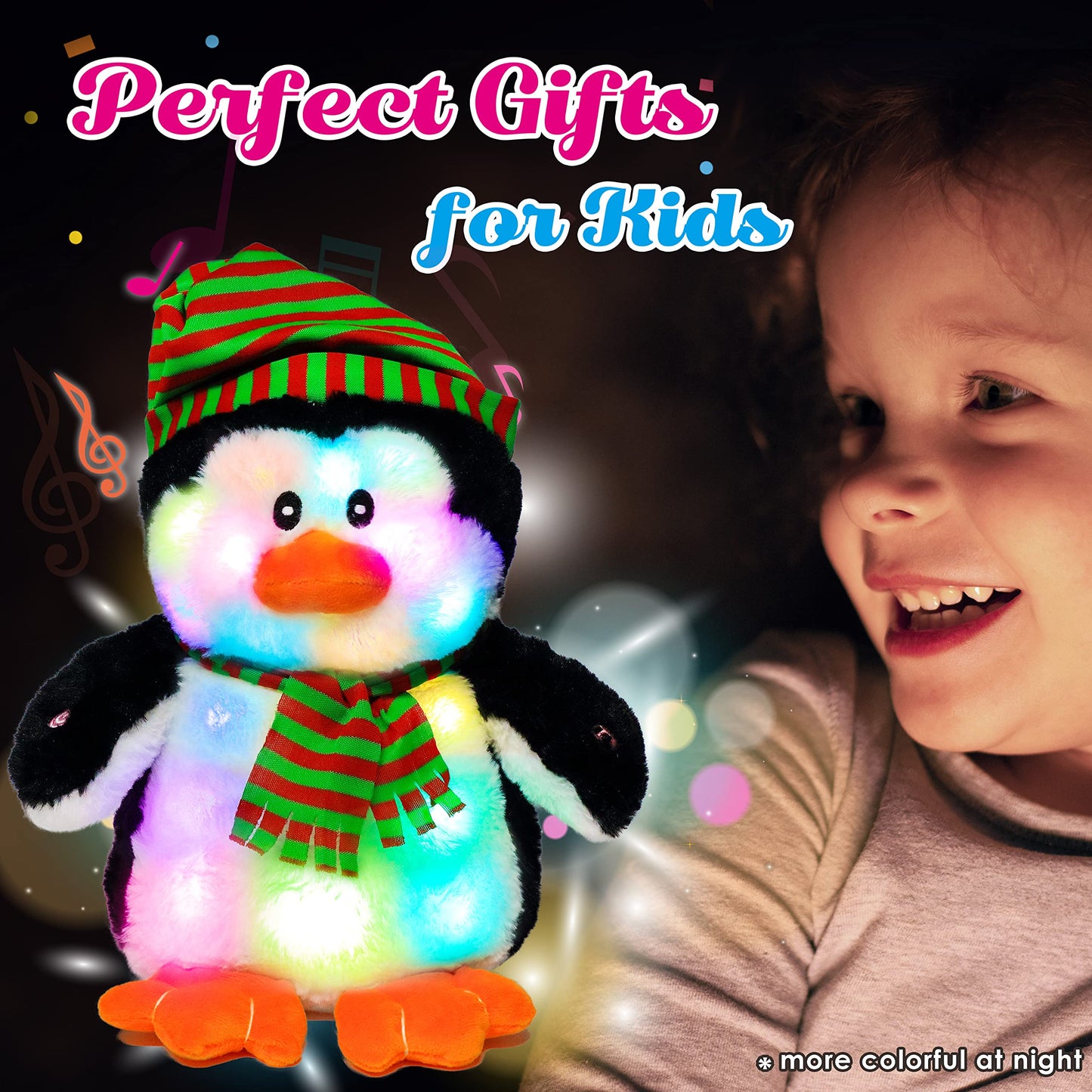 Cuteoy Musical Christmas Penguin Plush - LED Light-Up, Singing, Adjustable Volume, 11" Cotton Stuffed Animal for Kids and Toddlers