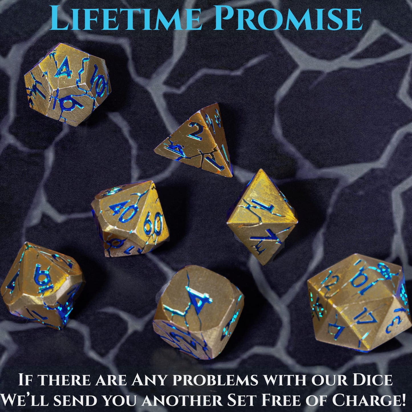 DND Metal Dice - Pharaoh Ruins Gold Metal Dice with Blue Cracks - Polyhedral Dice Set for RPG D&D MTG Pathfinder and More - Beau