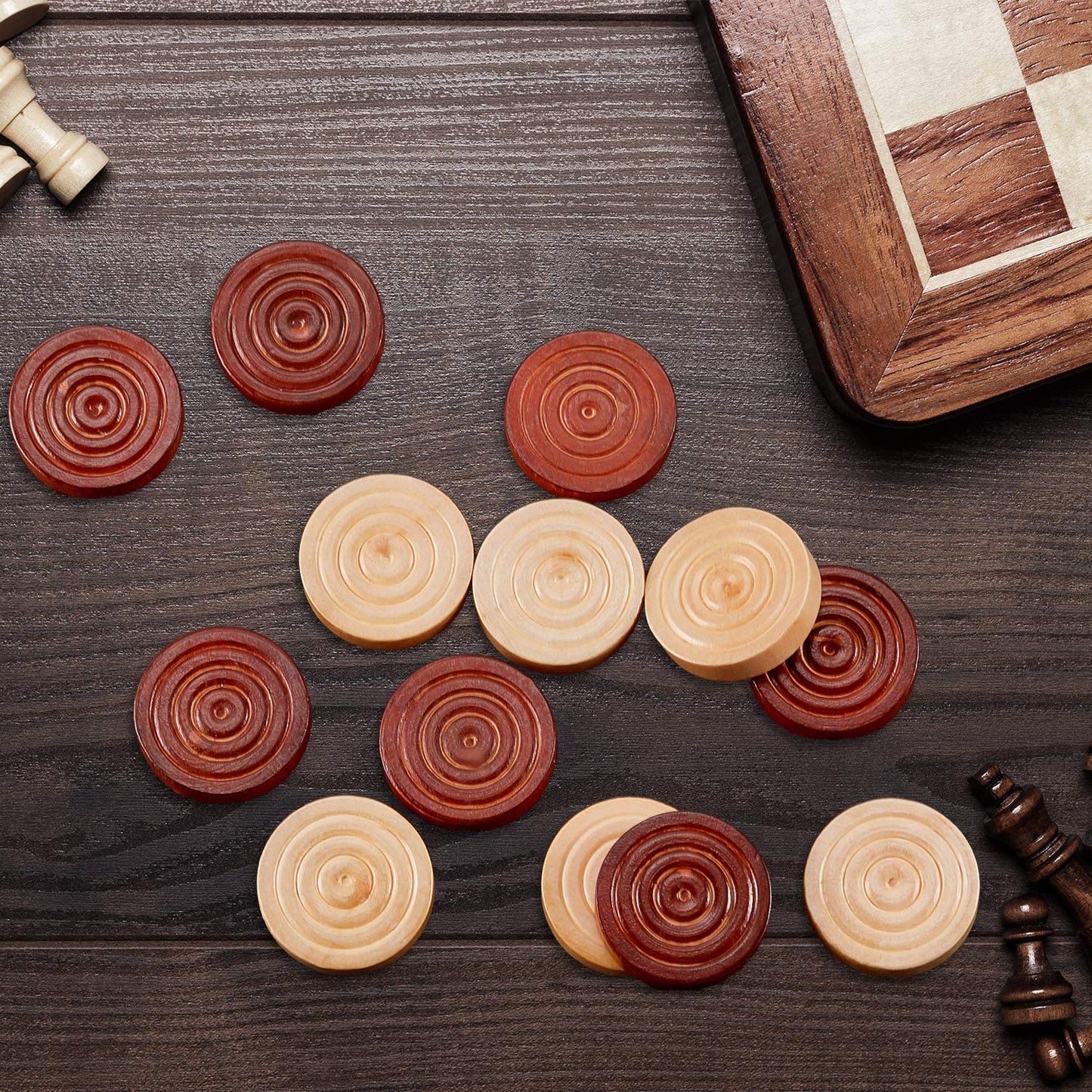 72 Pieces Wood Checkers 1.06 Inch Wooden Checkers Pieces Set with Stackable Ridge in Drawstring Storage Pouch for Board Game Dark Brown and Natural
