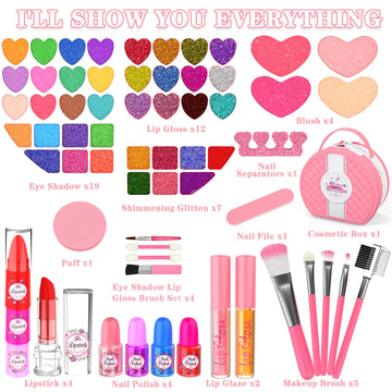 Kids Makeup Kit for Girl, 66 Pcs Washable Makeup Set for Little Girls, Real Cosmetic Set Pretend Play Makeup Toy Beauty Set Chri