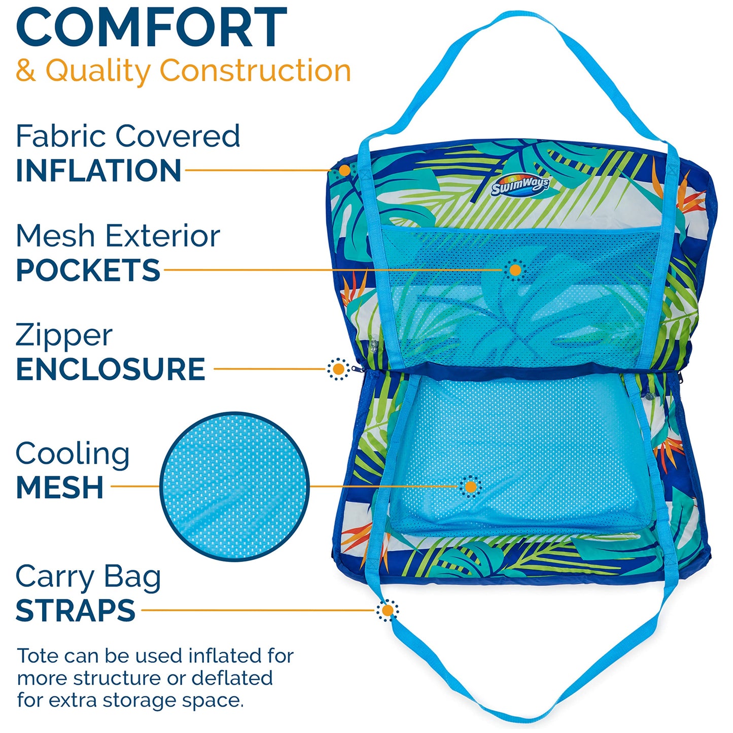 Swimways Pack-N-Float 2-In-1 Pool Chair And Tote Bag, Blue Palm