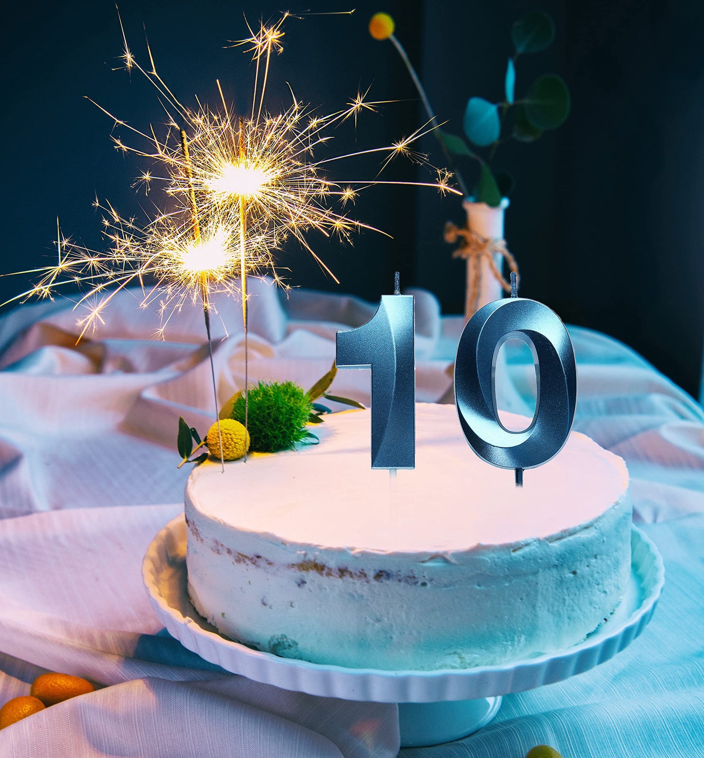 Blue 10th Birthday Candles, Number 10 Cake Topper for Birthday Decorations Party Decoration