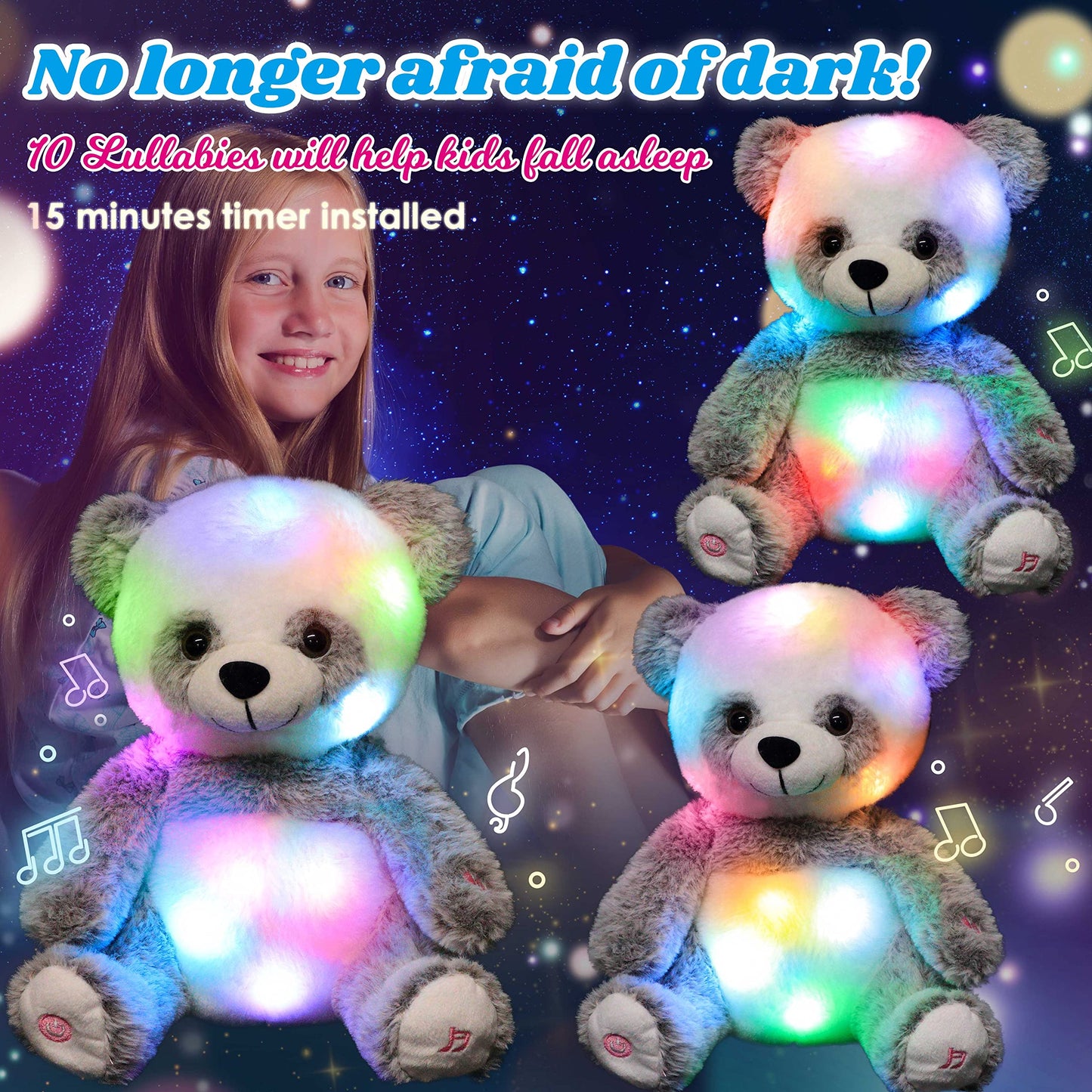 Cuteoy Led Musical Panda Light-Up Stuffed Animal Singing Glowing Plush Adjustable Volume Lullaby Toy Gifts For Kids Toddler Girls Birthday Christmas Plushies, 13'