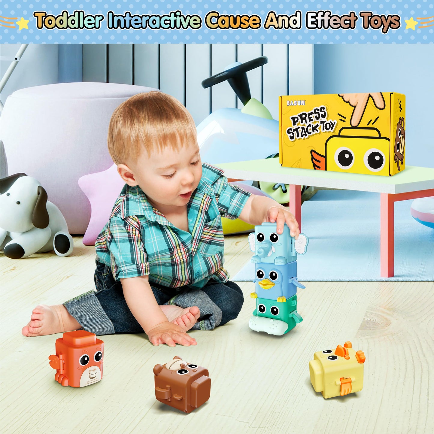 Stacking Toys Set For Toddlers 18+ Months, 6 In 1 Infant Sensory Toys With Changing Expressions, Pressable Animal Stacking Block