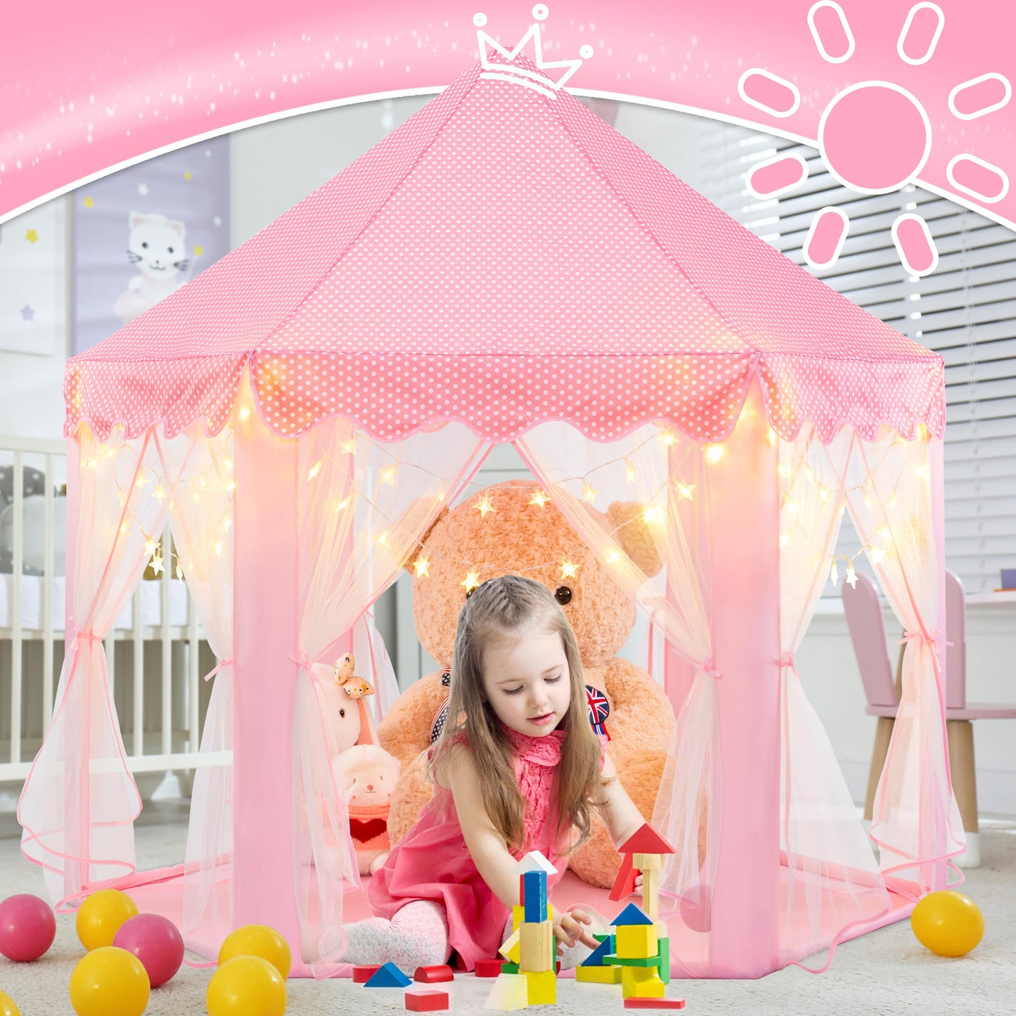 Evoionos Princess Tent For Girls, Kids Tent Indoor, Girls Tent With Star Lights, Pink Play Tent For Toddlers, Princess Castle Pl