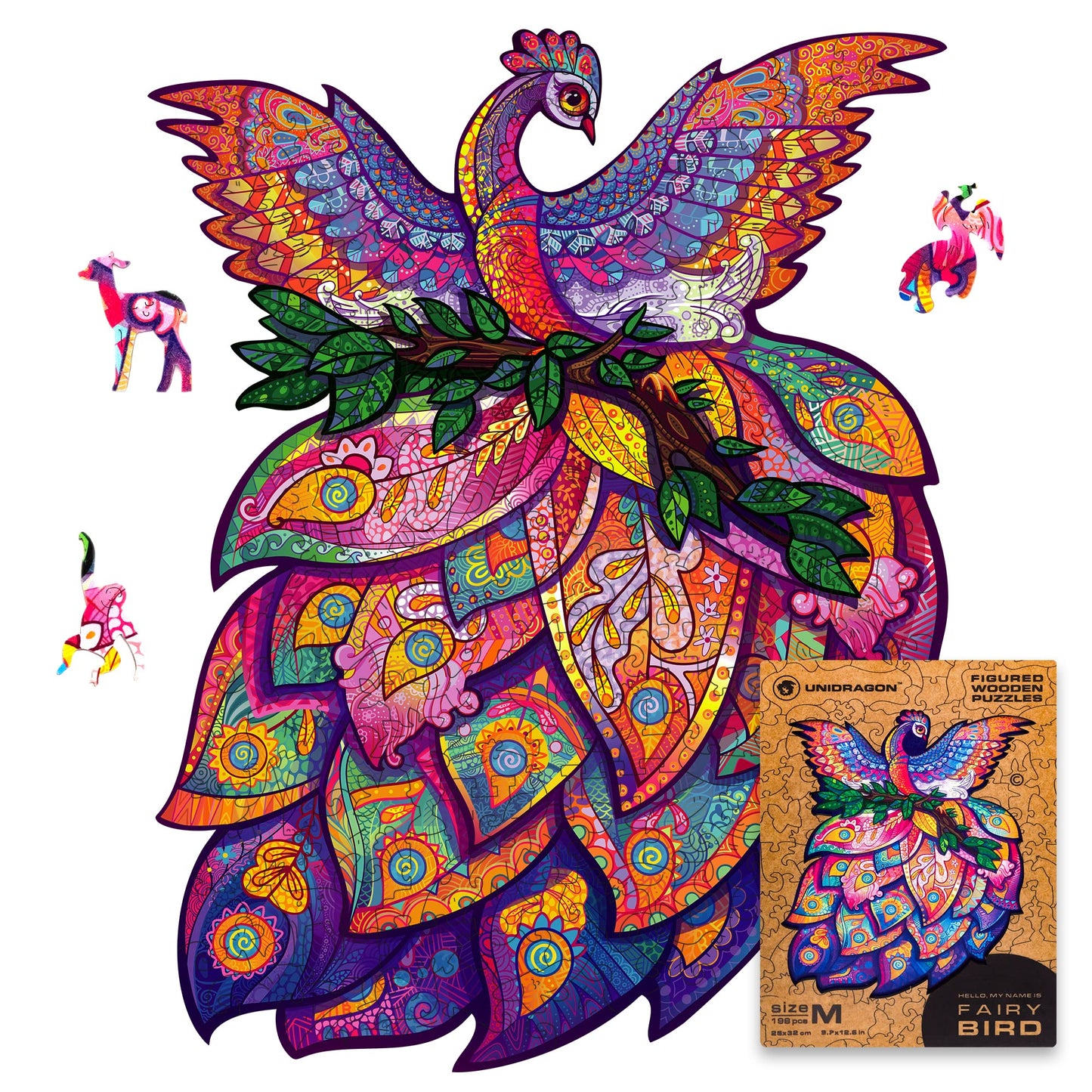 Unidragon Wooden Jigsaw Puzzles - Fairy Bird, 198 Pcs, Medium 9.7''X12.6'', Beautiful Gift Package, Unique Shape Best Gift For A