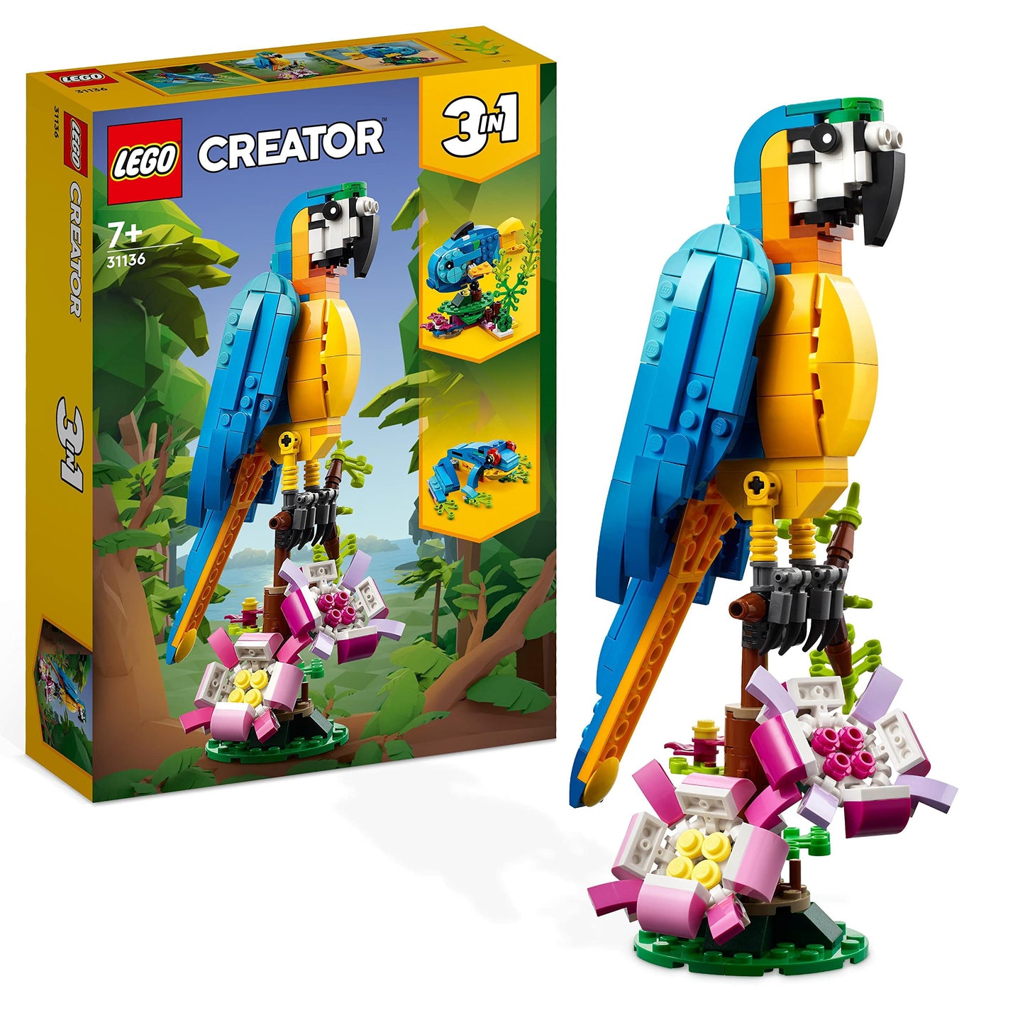 Lego 31136 Creator 3-In-1 The Exotic Parrot, Construction Toy, Jungle Animal Figurines, Frog And Fish, Creative Game For Children From 7 Years Old