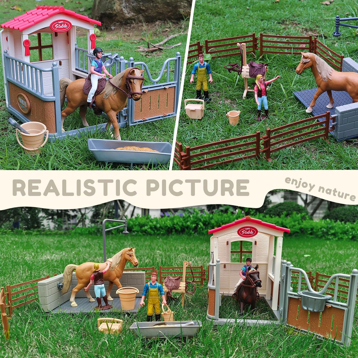 Rcomg Horse Stable Figurines Playset, 31 Pieces Horse Club With Horse Wash Area And Fence Figures, Barn Horse Toys Gift For Girls And Boys 3 4 5 6 7 8