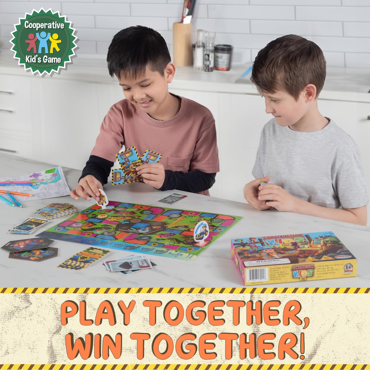 Jumping High Fives Construction Kids Board Game - An Exciting Cooperative Building Game For Kids Ages 4+ Race The Builders Around The Board To Complete A New Project