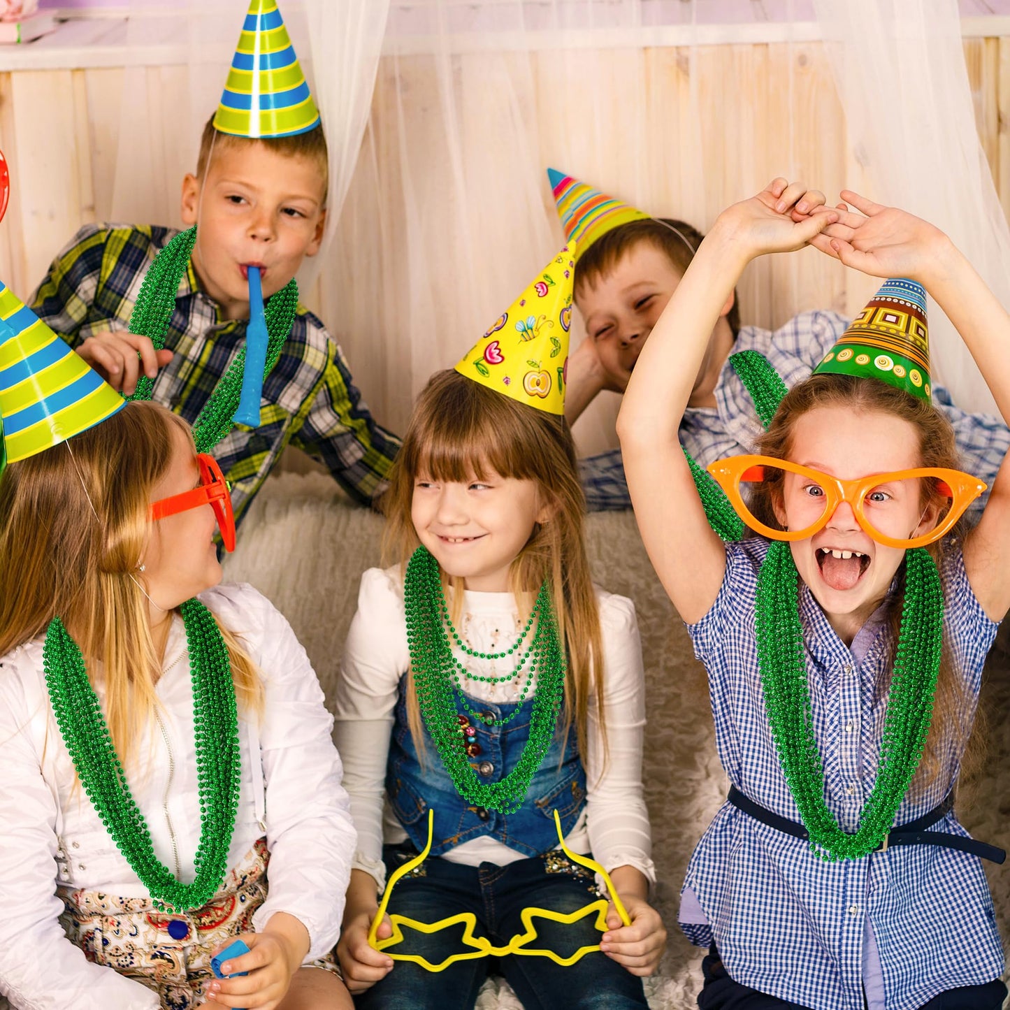 Huskein Mardi Gras Beads, 120 PCS Mardi Gras Accessories, 33 IN Green Bead Necklaces, St Patricks Day Parade Throws Bulk Party B