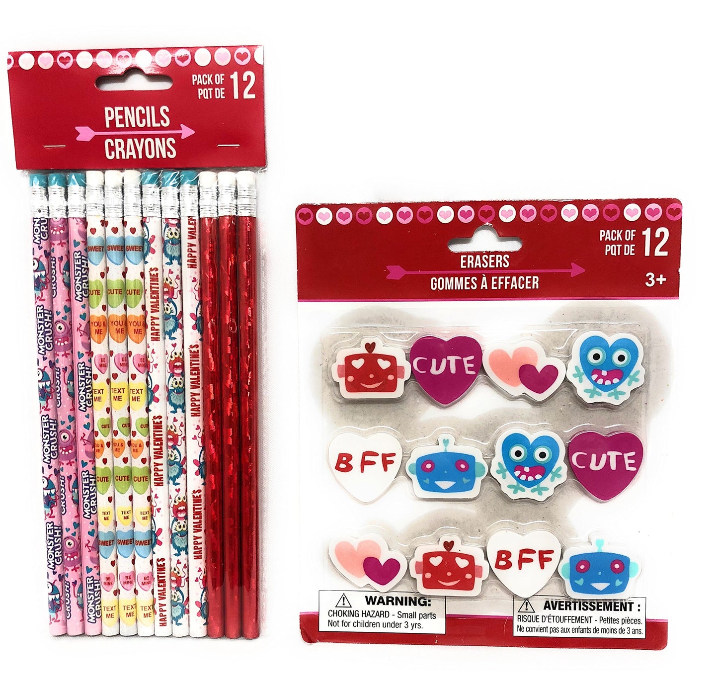 Valentines Day Themed Pencils And Erasers - 12 Count Each